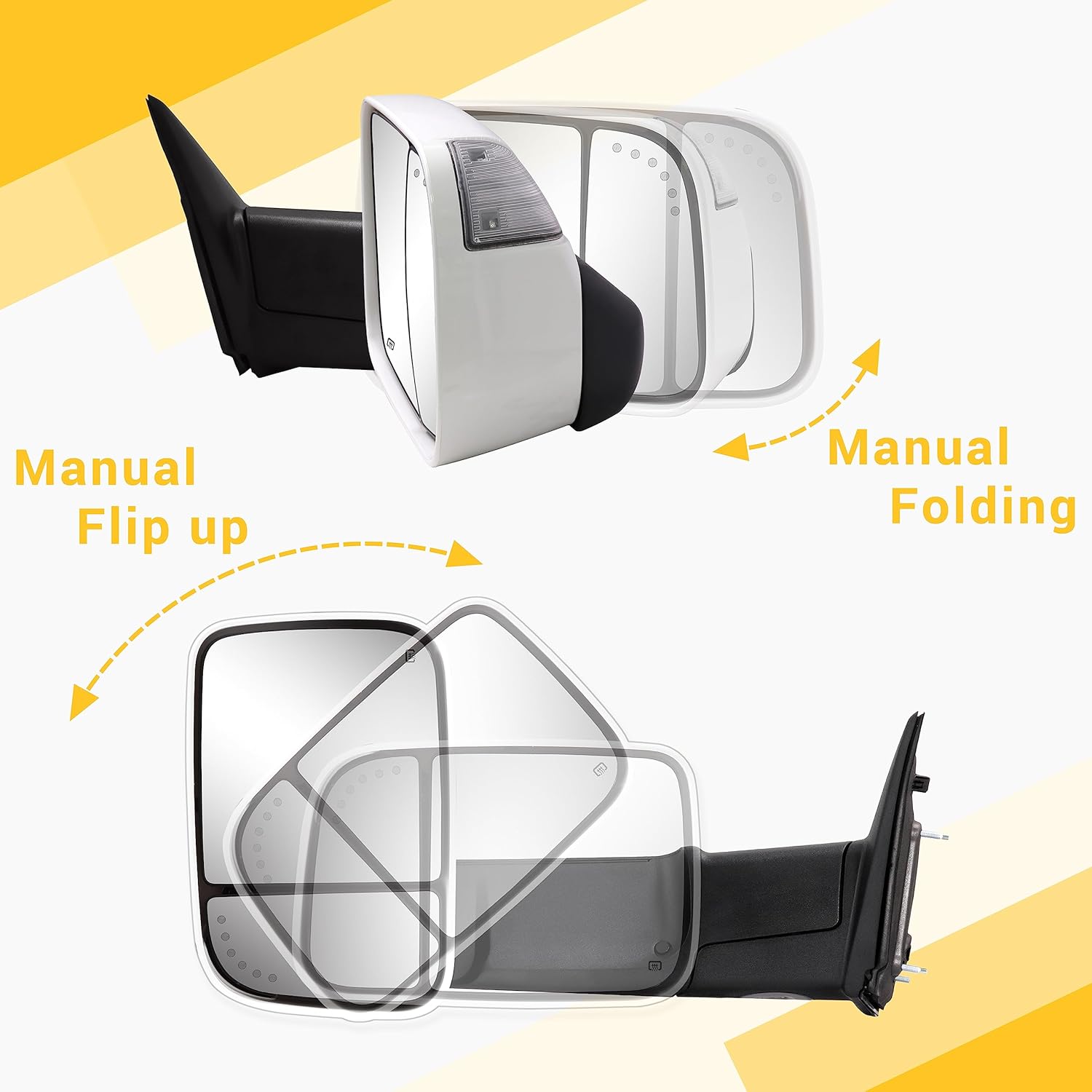 Diagram showing manual flip-up and folding actions of the mirror