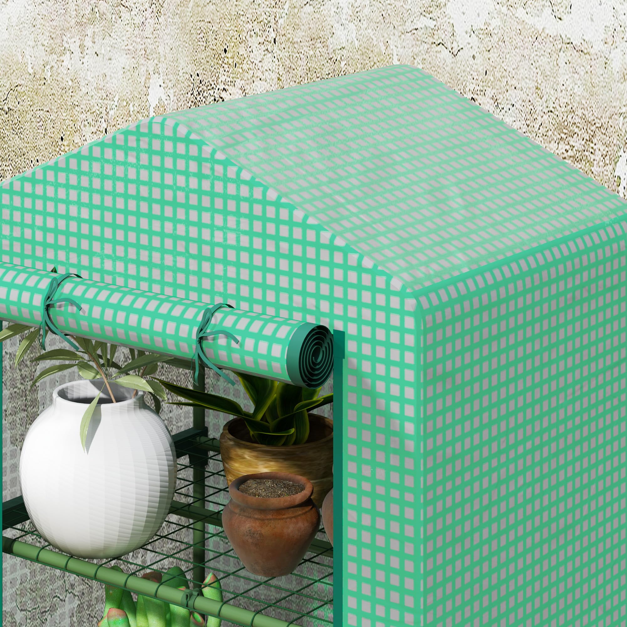 Outsunny Invernadero de Jardín de 3 Niveles, Invernadero de Exterior con 3 Estantes, Puerta Enrollable, Marco de Metal, Cubierta de PE, Anti-UV, Impermeable, para Terraza, Patio, 69x49x125 cm, Verde
