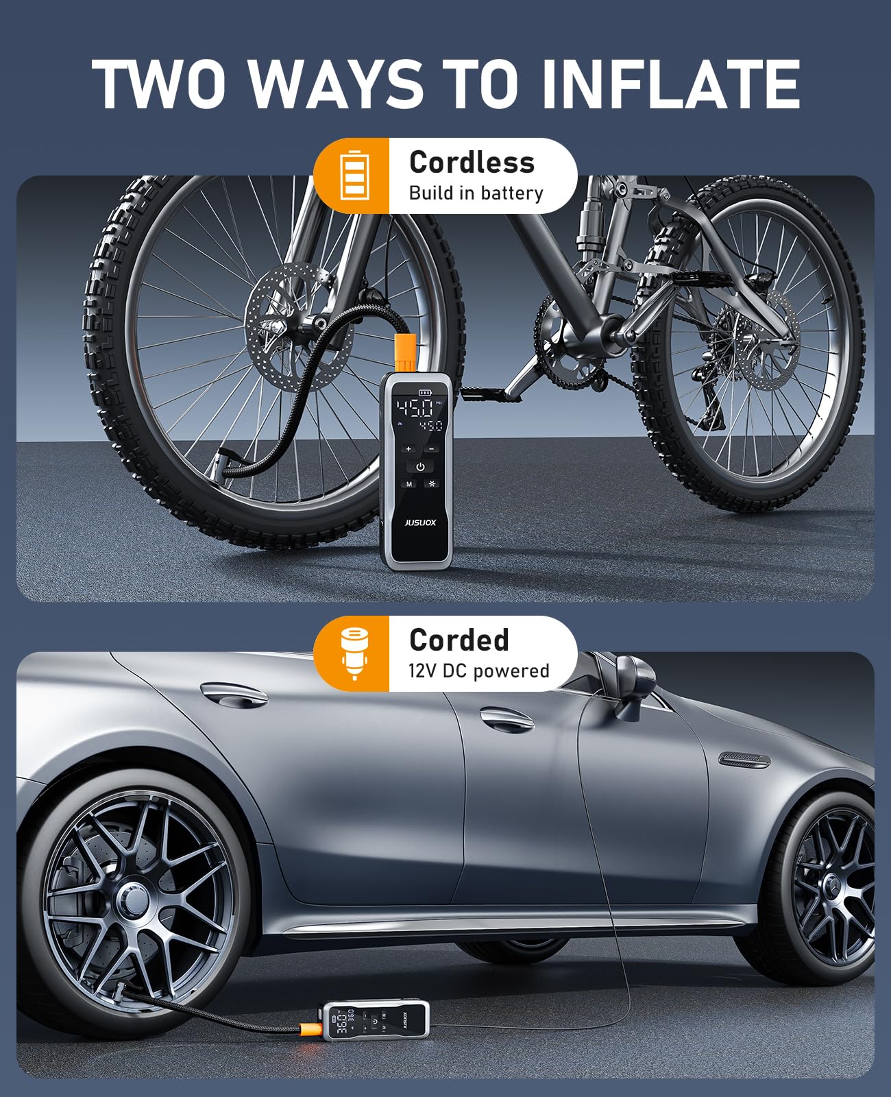 Tire Inflator Portable Air Compressor Battery and 12V DC Air Pump for Car Tires 150PSI Cordless Electric Bike — view 3