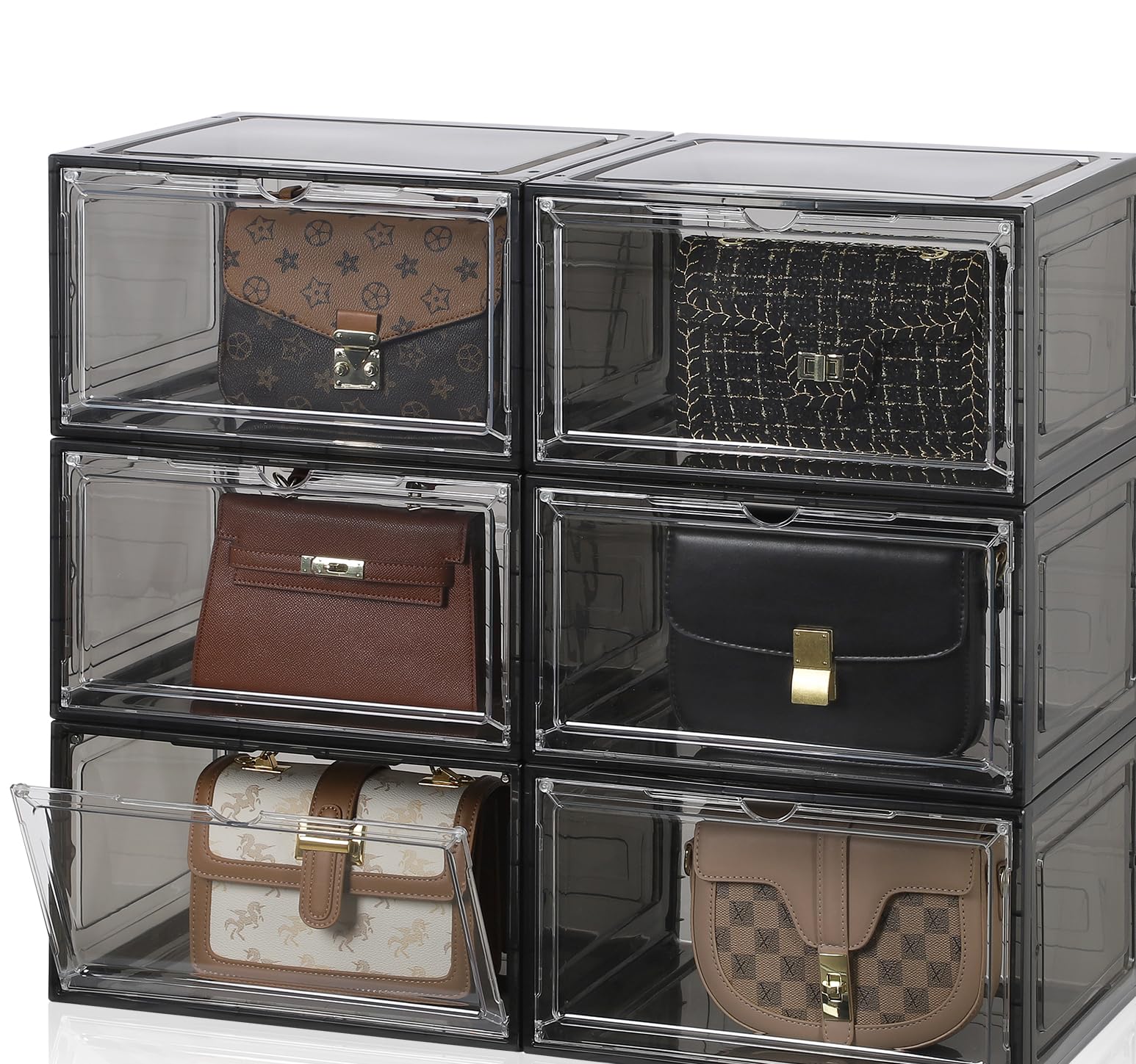 Suptsifira Purse Storage Organizer for Closet, 6 Pack Plastic Storage Boxes with Acrylic Magnetic Door for Collectibles, shoes, Wallet, Cosmetic (Medium Size Clear Black)