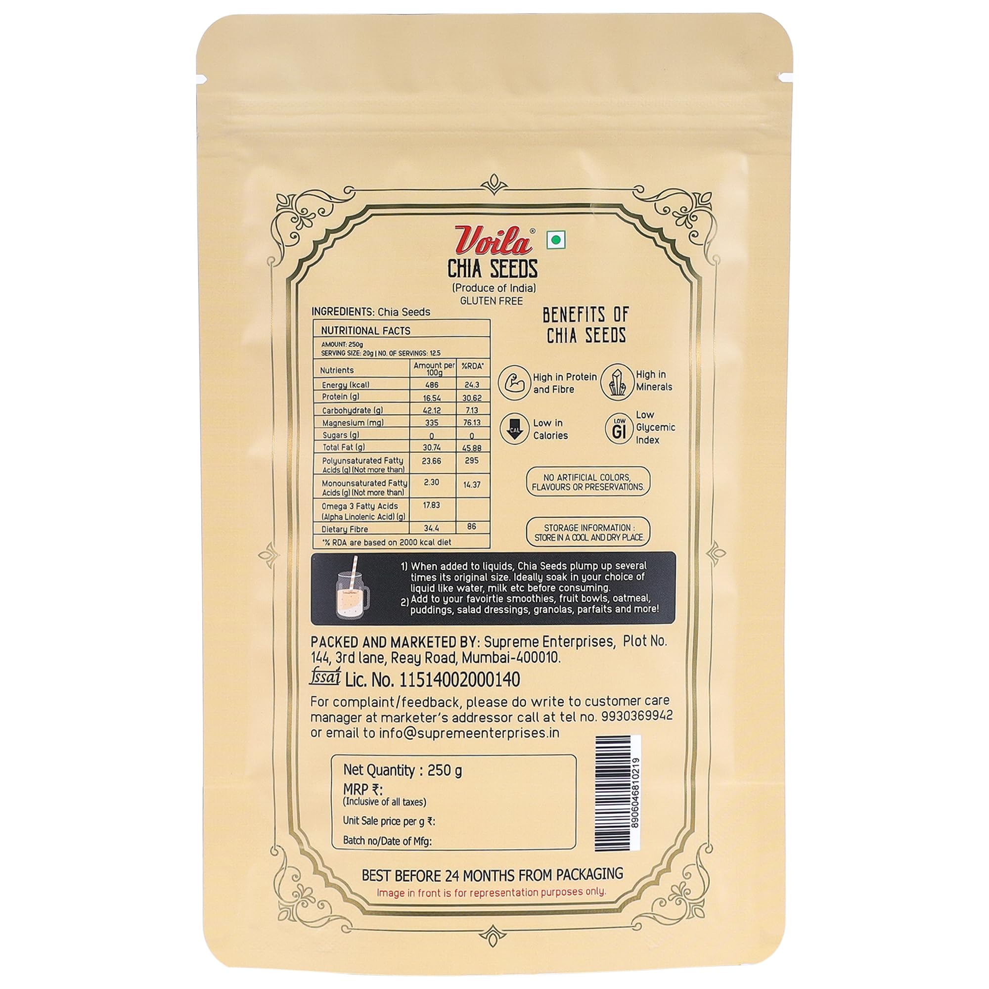Voila Chia Seeds 250g | Premium Quality Natural Chia Seeds | Rich Source of Plant-Based Protein, Dietary Fiber & Omega-3 Fatty Acids | Superfood for Smoothies, Oatmeal, Yogurt, Salads, Baking & Healthy Recipes | Vegan & Vegetarian Friendly | Hygienically Packed| Rich In Omega - 3 | High Protein & Fiber 4
