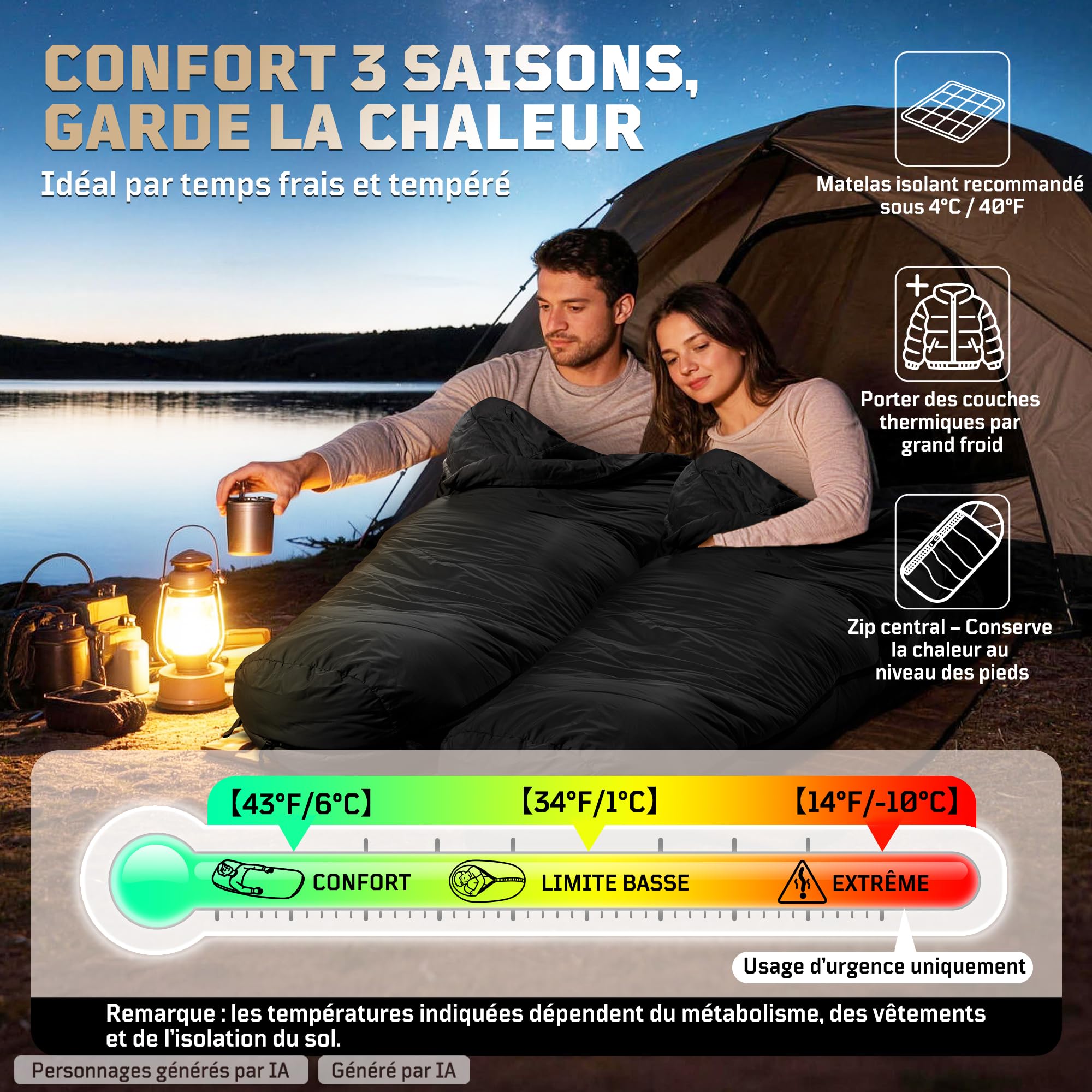 Sac de couchage sarcophage 2-3 saisons (confort 6 °C) – Sac de couchage d'été respirant pour adultes jusqu'à 185 cm – Nylon Ripstop compact 40D avec sac de compression pour camping, randonnée et