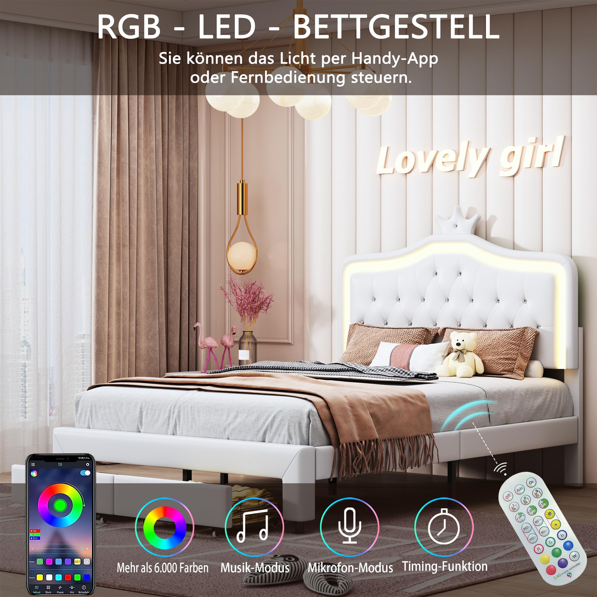 Lettino Imbottito Per Bambini 140x200 Cm – Struttura Con Corona Bianca In Pelle PU, Luci LED, Rete A Doghe, Senza Materasso