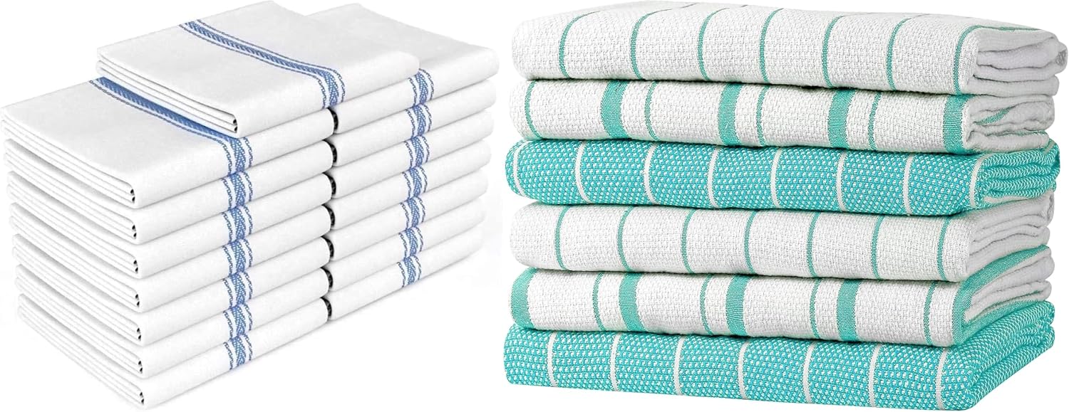 Zeppoli Classic Dish Towels Bundle - 21 Pack - 14" by 25" - 20" x 28" - 100% Cotton Kitchen Towels - Reusable Bulk Cleaning Cloths - Blue Hand Towels - Aqua - Machine Washable