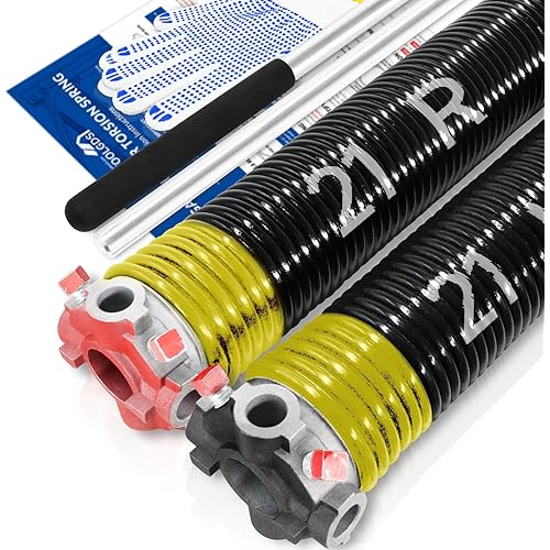 Pair of 2" Garage Door Torsion Springs Set with Non-Slip Winding Bars & Gloves, High Precision Electrophoresis Oil-Free Black Coated for Replacement, MIN 16,000 Cycles (0.207 x 2" x 21'')