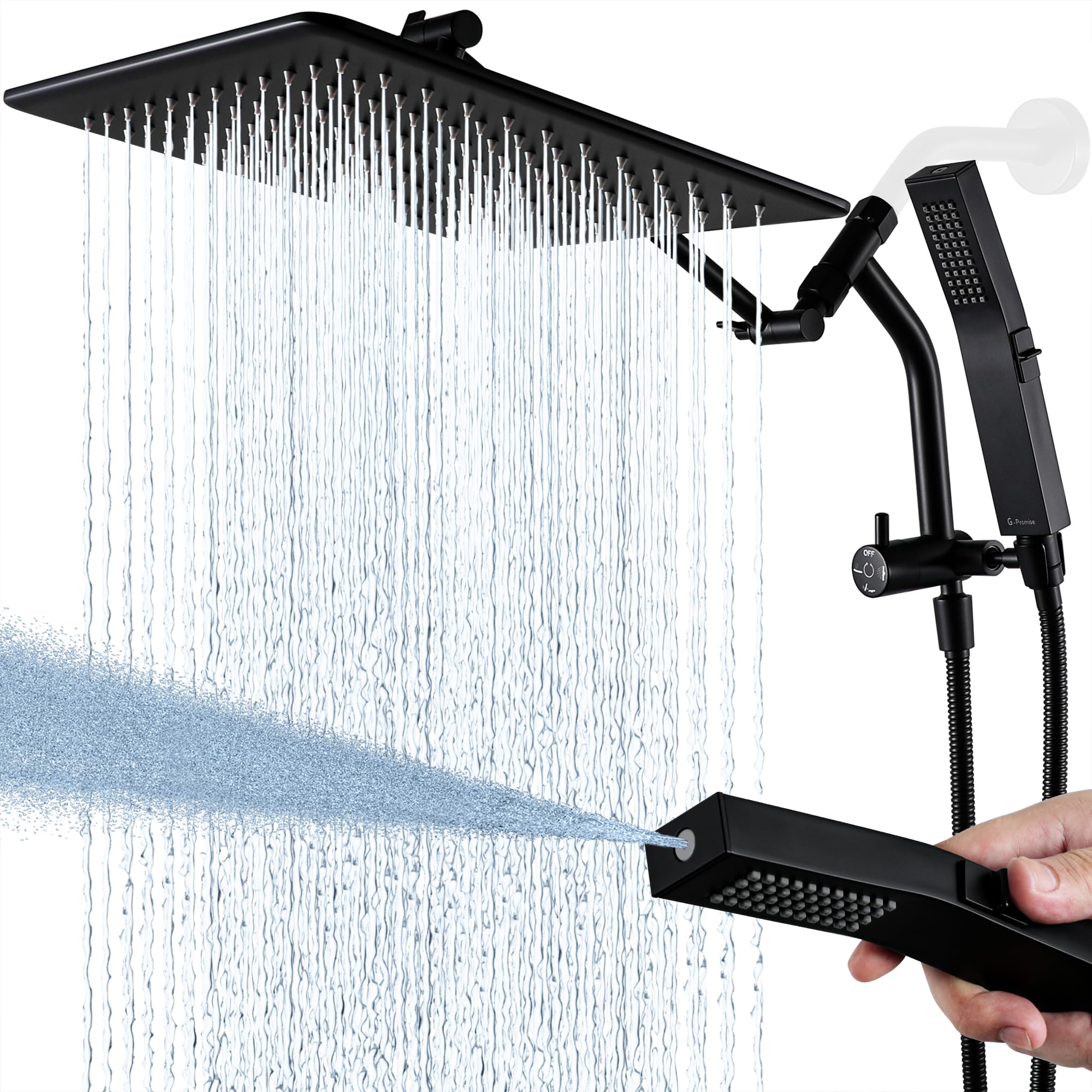 G-Promise All Metal 12 Inches Rain Shower Head with Handheld Built-in Power Wash Mode, 3-way Diverter with Pause Setting, 11 Inches Adjustable Extension Arm with Lock Joint, Long Hose (Matte Black)