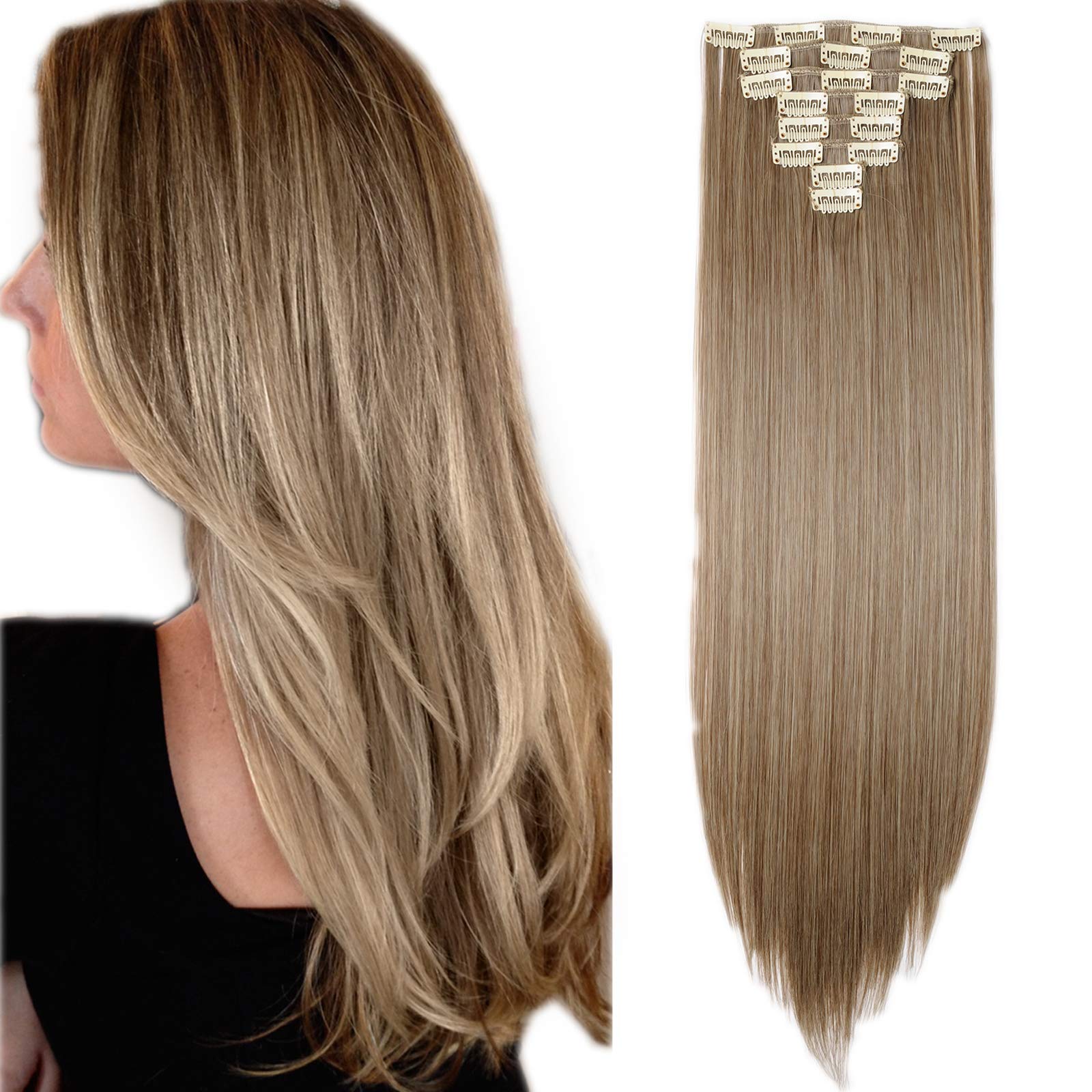 23"(58cm) SEGO Extensiones de Clip Pelo Sintético Se Ve Natural 8PCS [Arena Oscura mezcla Rubio Claro] Cabello Liso Largo Postizos Pelucas para Mujer (140g)