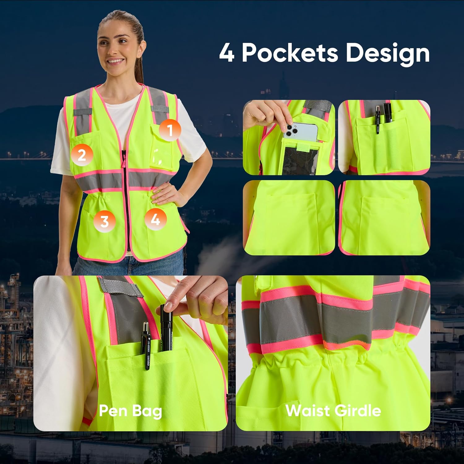 Hi Vis Safety Vest for Women,Working Drawstring Waist Construction Vest with Pockets and Zipper,Womens Safety Vest,ANSI Type R Class2 - Image 3