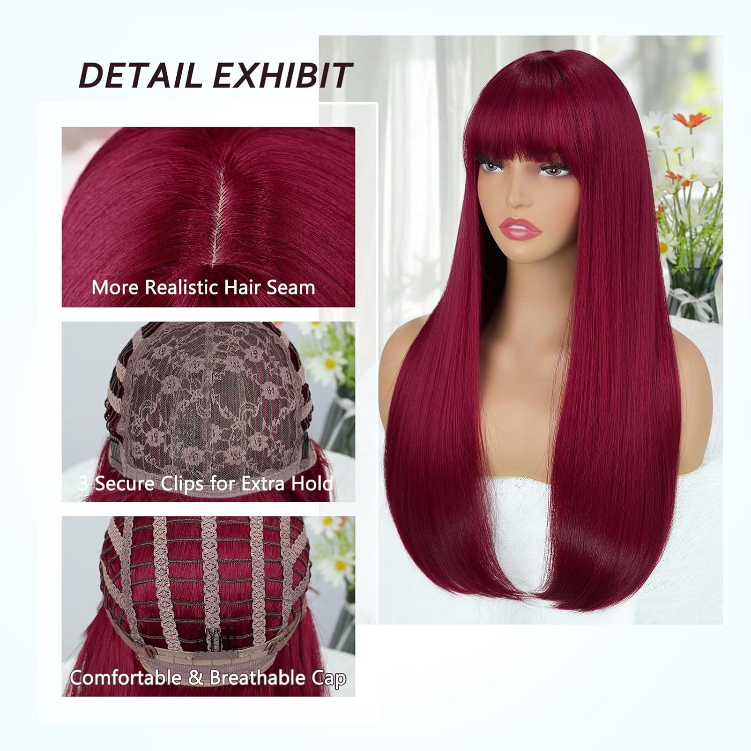 Red Hair Wigs for Women Long Straight Dark Bunrgundy Wig with Bangs Heat Resistant Synthetic Colored Wigs for Girls Daily Party Cosplay Halloween Costume Use 24 Inch (Burgundy) - Image 4