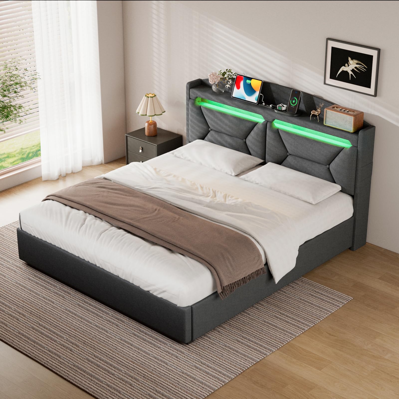 Cama Matrimonio 160x200 con Almacenamiento, Camas Matrimoniales con LED, Puertos USB y Type-C, Canape 160x200 Hidráulico, Cama Matrimonio con Cabecero, Lino, Gris, Colchón No Incluido