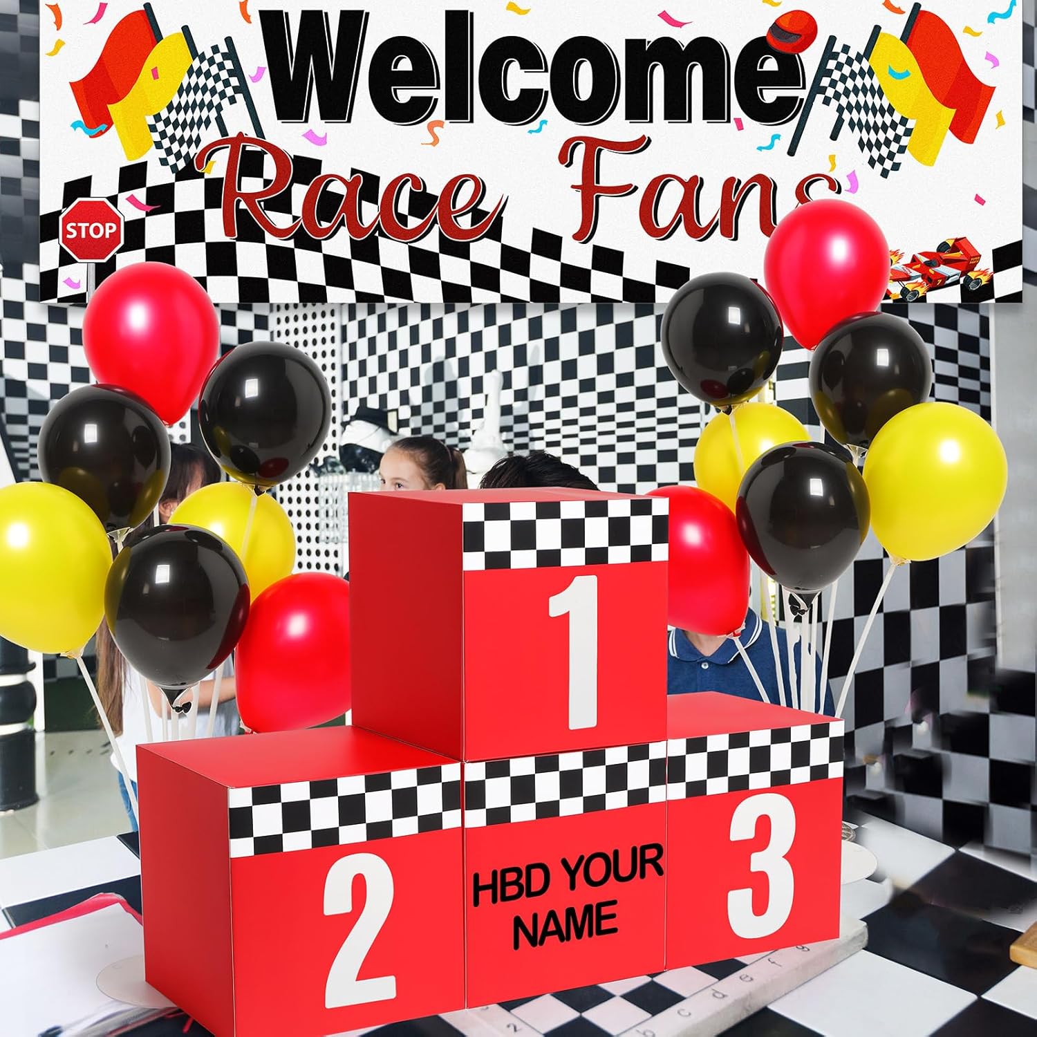 JellyArch 70 Pcs Racing Car Party Decoration, Large Racing Checkered Boxes with Balloons Sticker Banner for Race Car Birthday Party Favors Supplies Truck Theme Race Car Podium Centerpiece Decoration