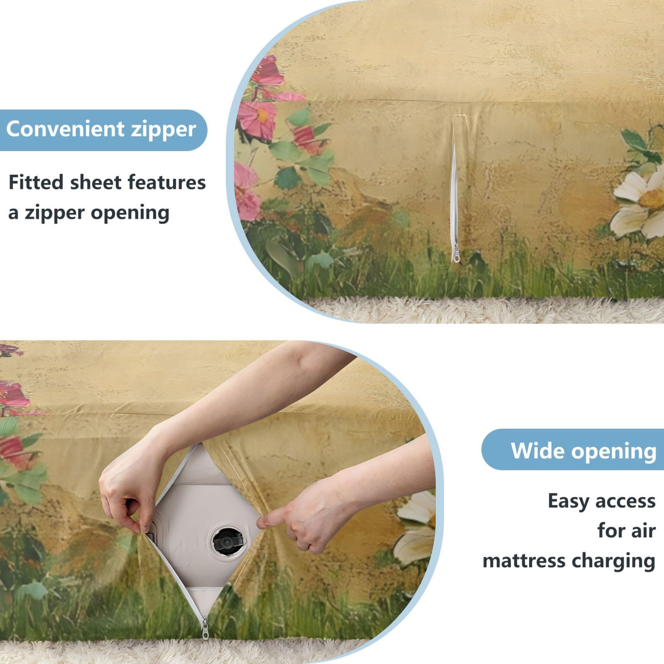 Garden Wildflowers Sábana bajera individual para colchón de aire, bolsillo extra profundo de 24 pulgadas, funda suave y transpirable con apertura de válvula de cremallera para cama de aire