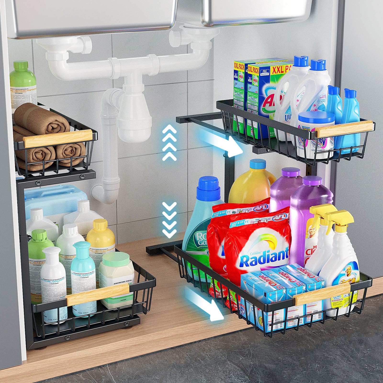 Under Sink Organizer 2 Pack - Pull Out Slide Out Shelf For Kitchen & Bathroom Cabinet, 2 Tier Metal Storage With Height Adjustable 14-17 Inches