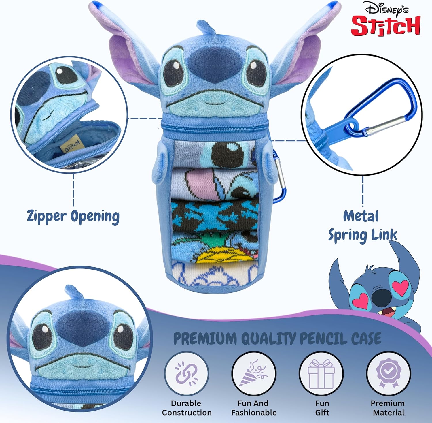 Disney Lilo & Stitch Girls 5‑Pack Crew Socks + Plush Pencil Case Set – Official Character Socks for Girls Ages 4‑8 - Image 4