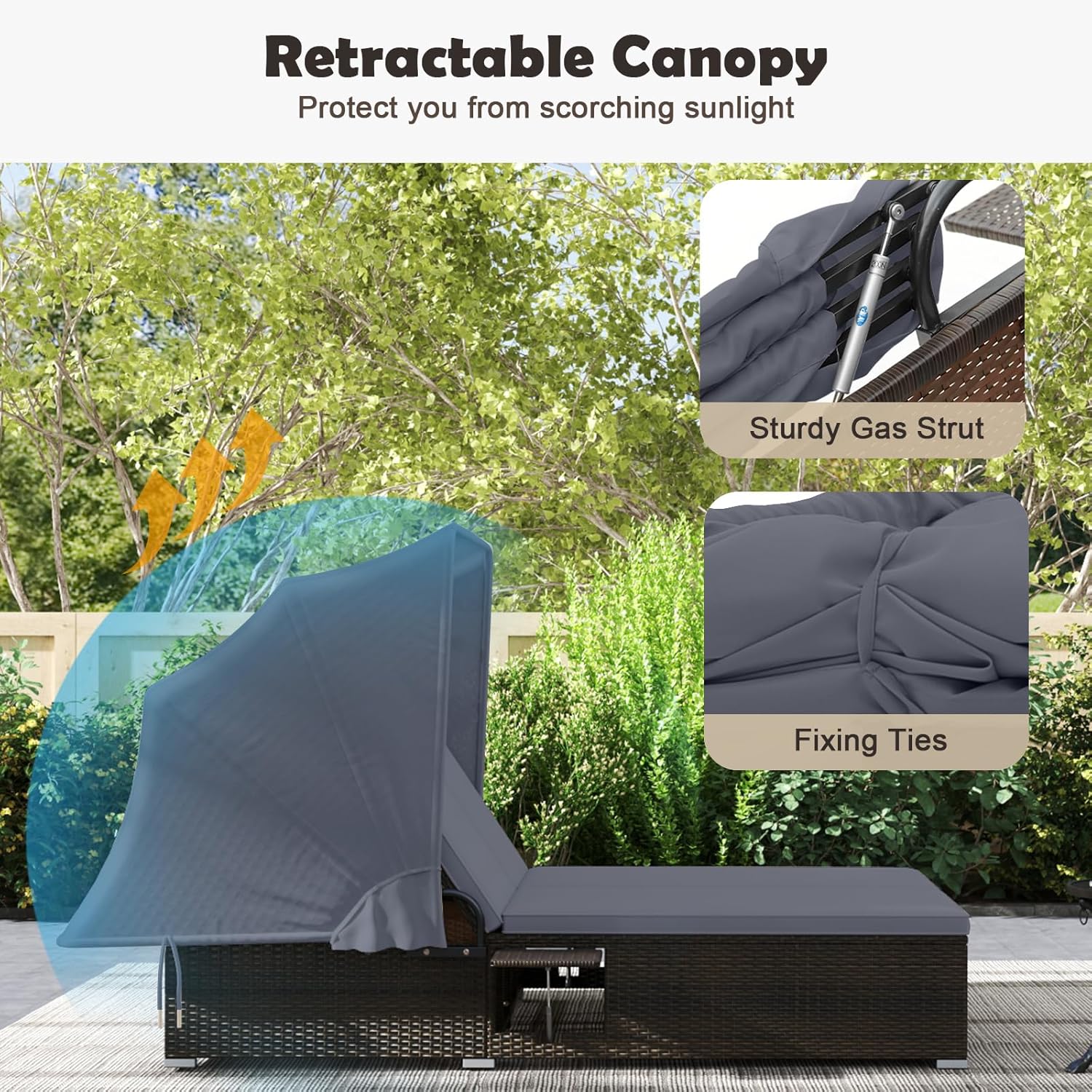 Tangkula Outdoor Rattan Daybed with Canopy & 6-Level Adjustable Backrests, 2-Person Wicker Recliner Bed with Cushions & Folding Side Trays, Double Sunbed Lounger for Balcony, Backyard & Poolside