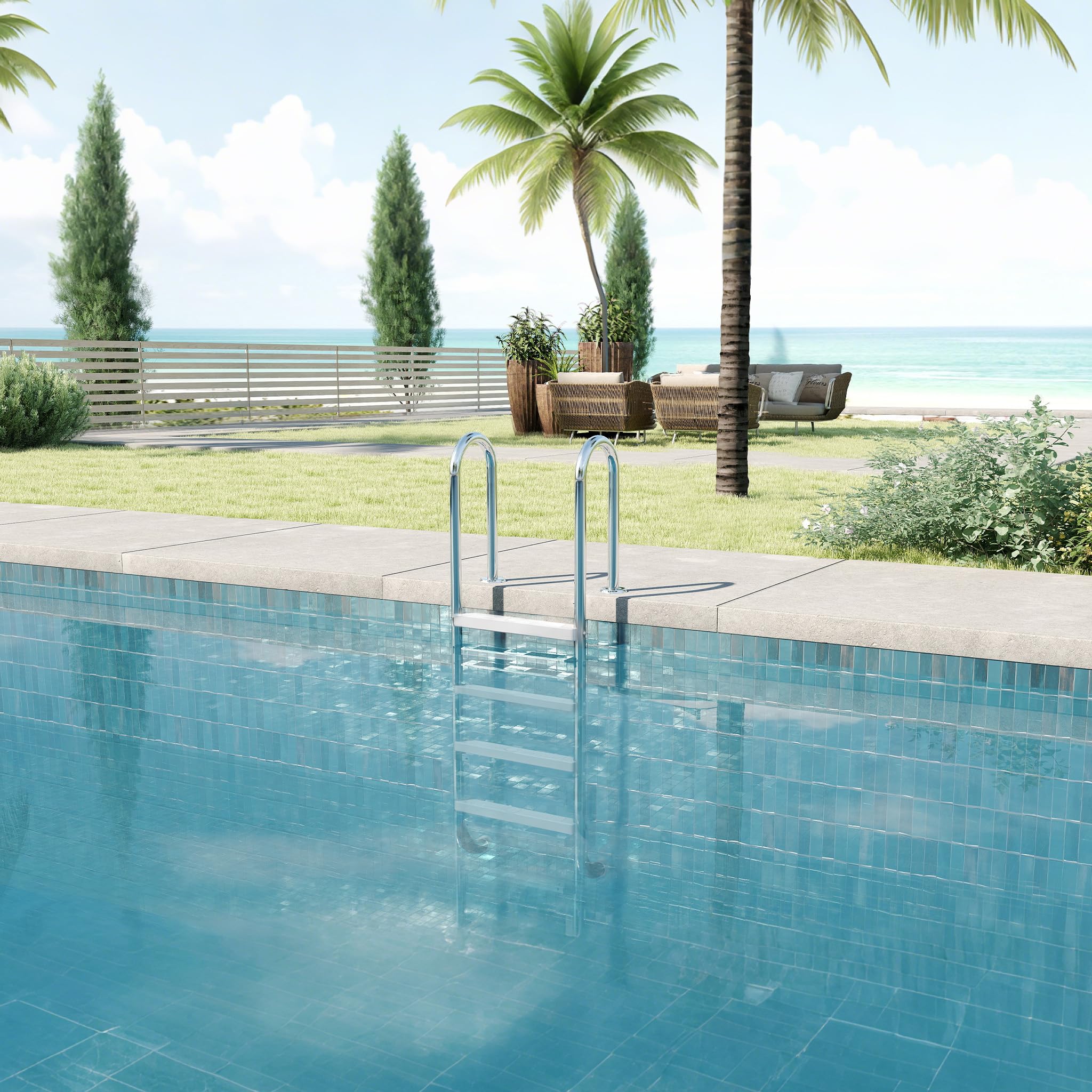 FIVMEN Poolleiter Edelstahl 4 Stufen 157 cm Hoch Pool Leiter Poolleitern mit Antirutschpad und Geschwungener Handlauf Einstiegsleiter Schwimmbadleiter Einbauleiter für Schwimmbad Pool