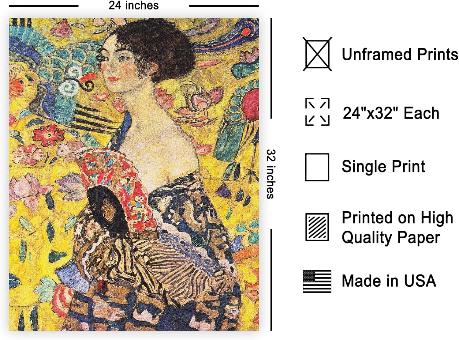 Poster Master Vintage Gustav Klimt Poster - Retro Lady with Fan Print - Lady with Fan Painting Art - Gift for Him & Her - Art Nouveau Decor for Bedroom, Living Room or Office - 24x32 Unframed Wall Art