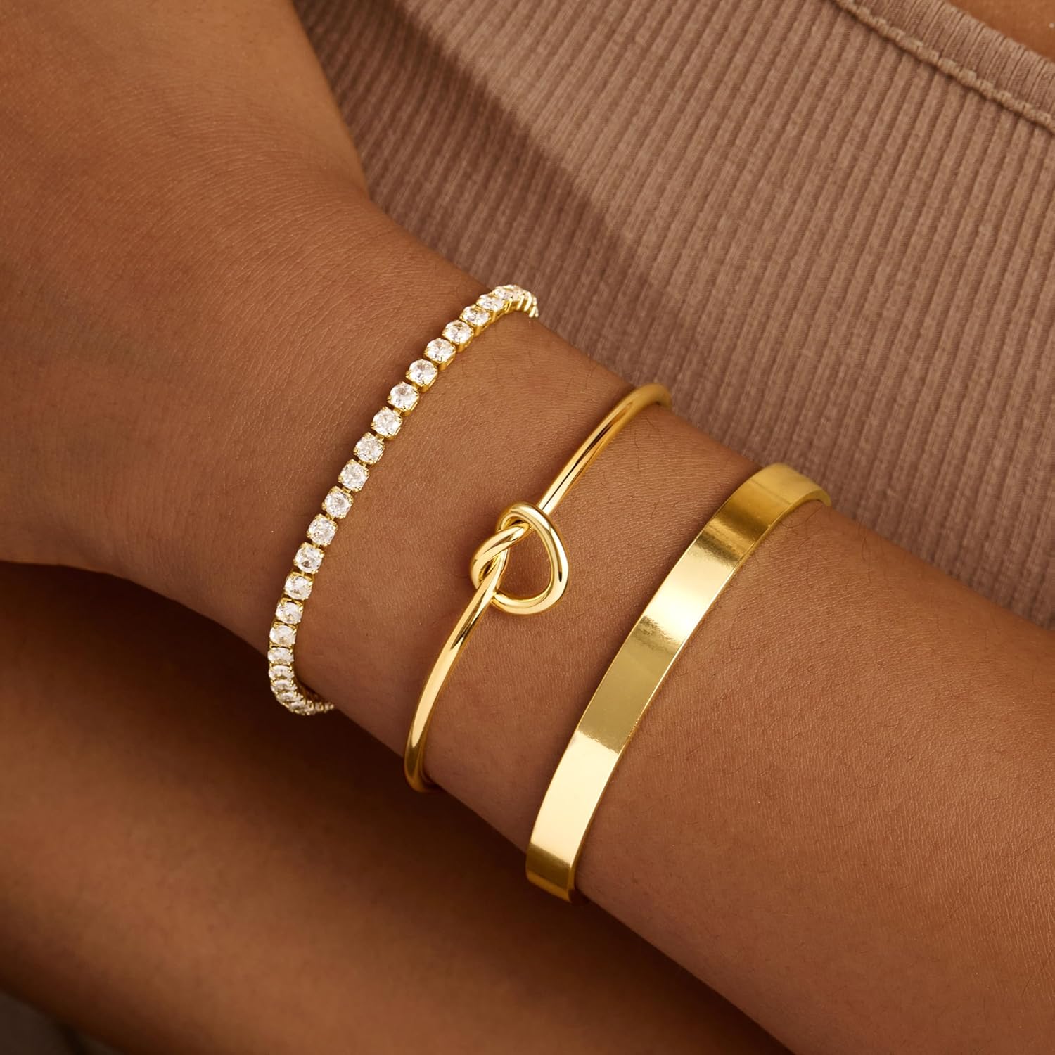 Gold Bracelets for Women Non Tarnish Dainty 14K Gold Plated Bangle Cuff Bracelets Stack for Women,Waterproof Stackable Bracelet Gold Jewelry Trendy Gifts Adjustable - Image 3