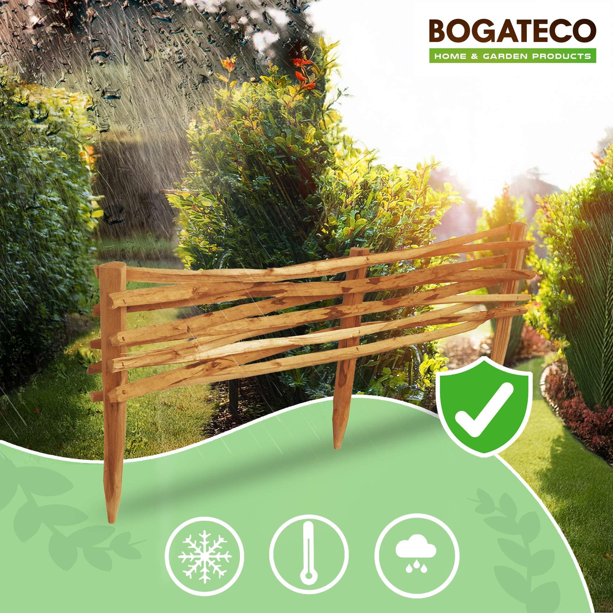 BOGATECO 3 vallas de jardín de madera de avellano, 90 cm x 20 cm, borde de césped, valla de madera, valla de estacas, valla de estacas, cercas para arriates, valla de inserción, perfecta como borde de