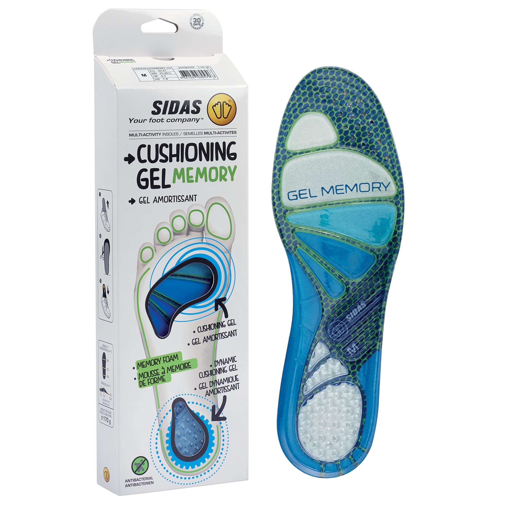 Sidas Cushioning Gel Memory wkładki żelowe z pamięcią kształtu, komfort przez cały dzień, zmniejszają zmęczenie mięśni, niebieskie, XS 35-36