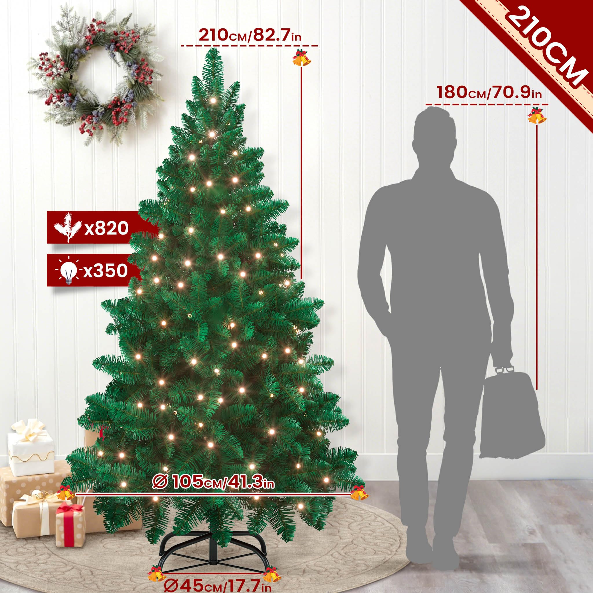 Froadp 210cm Albero di Natale Artificiale in PVC, Abete Artificiale con 820 Rami e 350 LEDs, Albero di Natale Rimovibile con Supporto in Metallo, Abete Ignifugo per la Decorazione di Natale