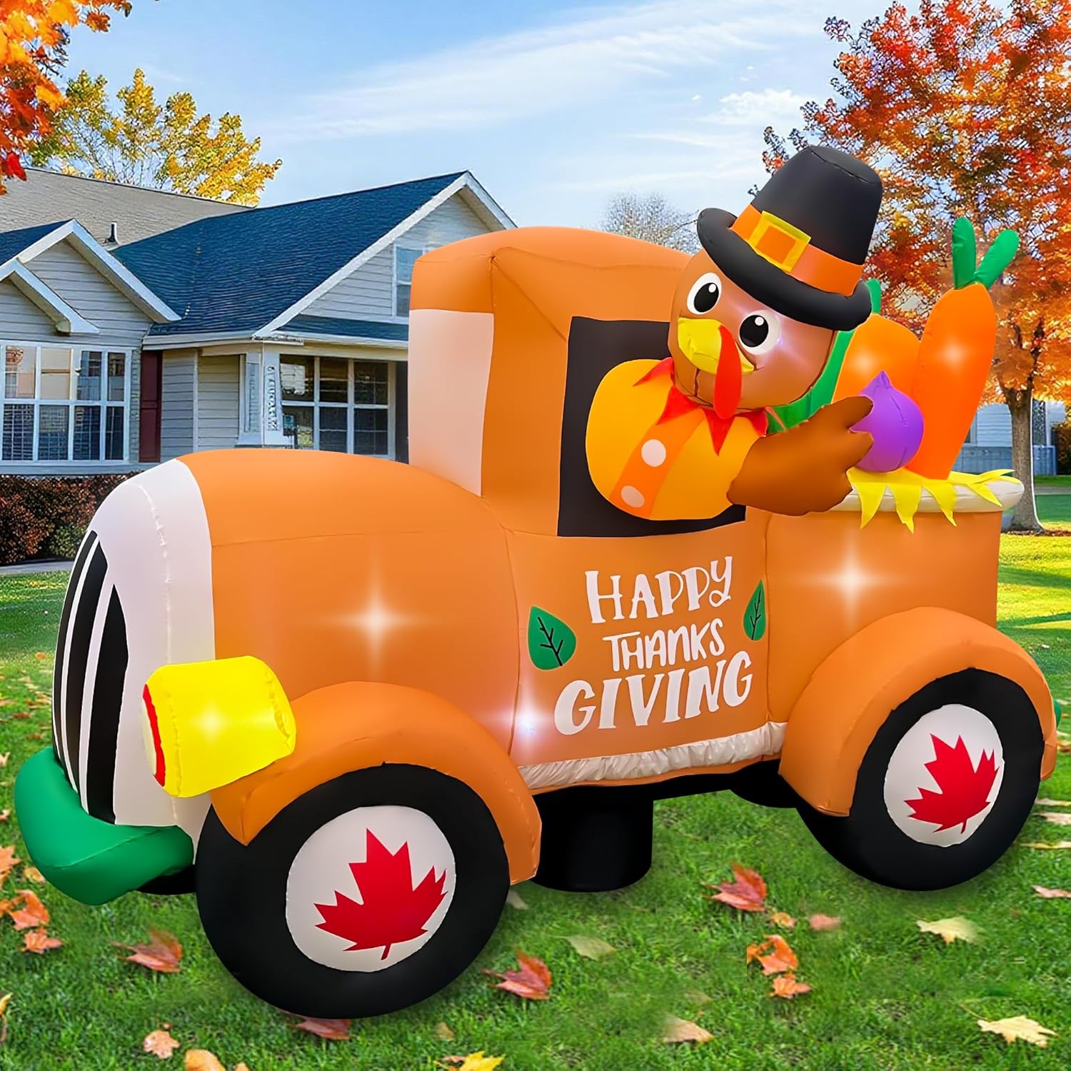 SEASONBLOW 8FT Thanksgiving Inflatable Car with Turkey Outdoor Decorations, LED Light Up Thanksgiving Blow Up Turkey with Corn and Pumpkin for Celebrate Autumns Fall Harvest Outdoor Garden Yard Decor