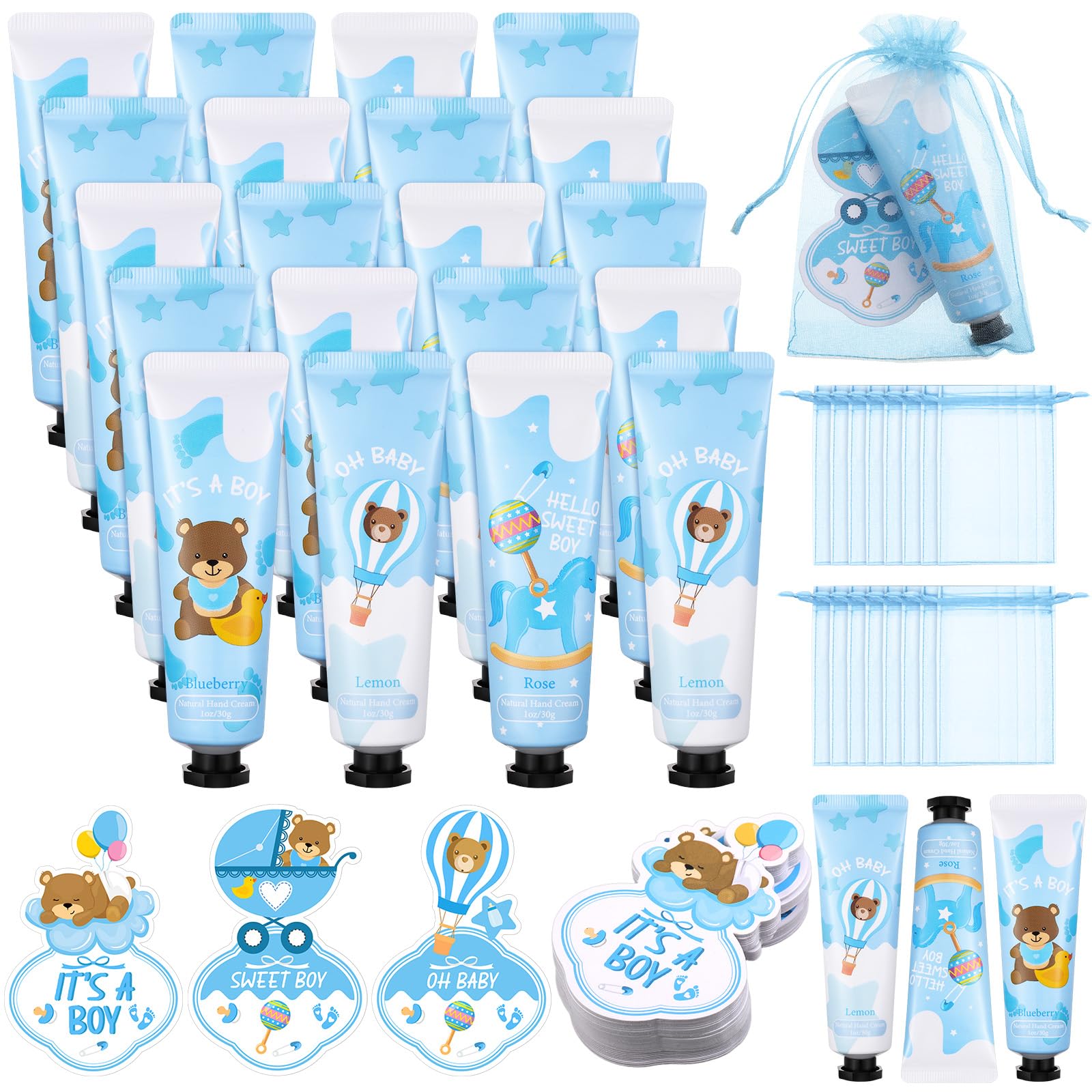 180 Pcs Bulk Baby Shower Thank You Return Gifts for Guests, 60 Travel Size Hand Cream Lotion Favors, 60 Cards and 60 Organza Bags for Bridal Shower Gender Reveal Party Souvenirs for Boys Girls
