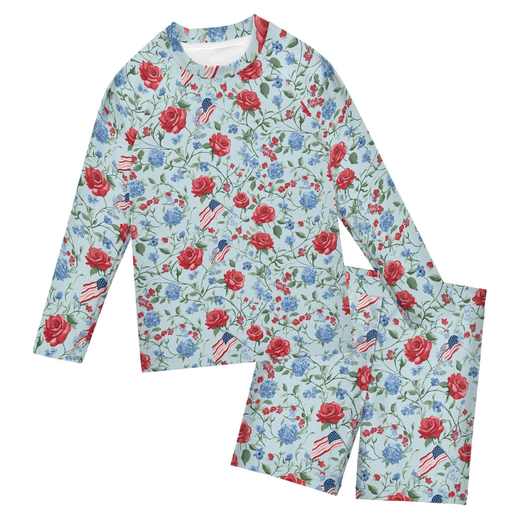 July 4th American Flag Rose Baby Boys' Toddler Long Sleeved Rashguard Swim Bathing Suit Set B0404603