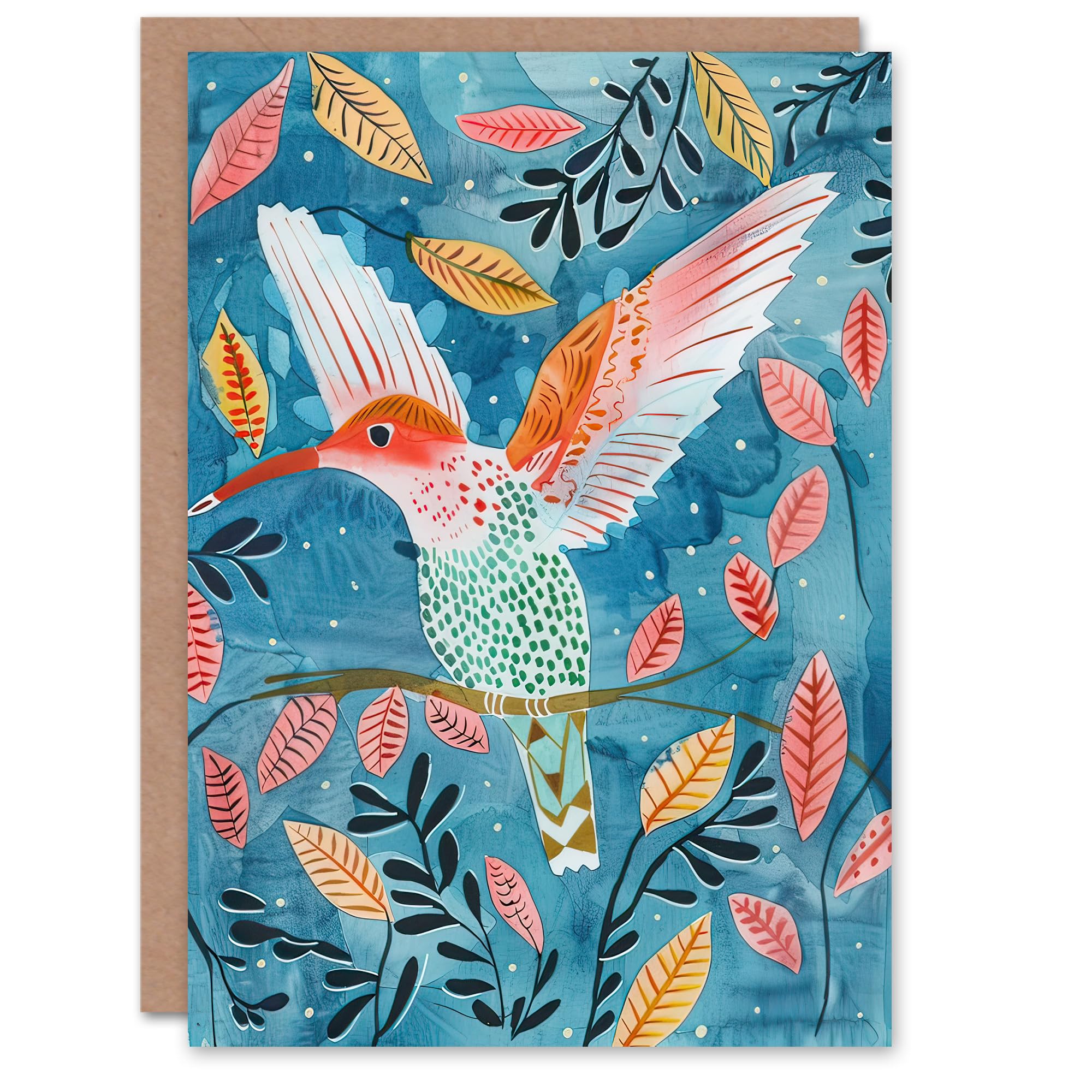 Greeting Card Hummingbird Folk Art Pink Blue Orange Watercolour Birthday
