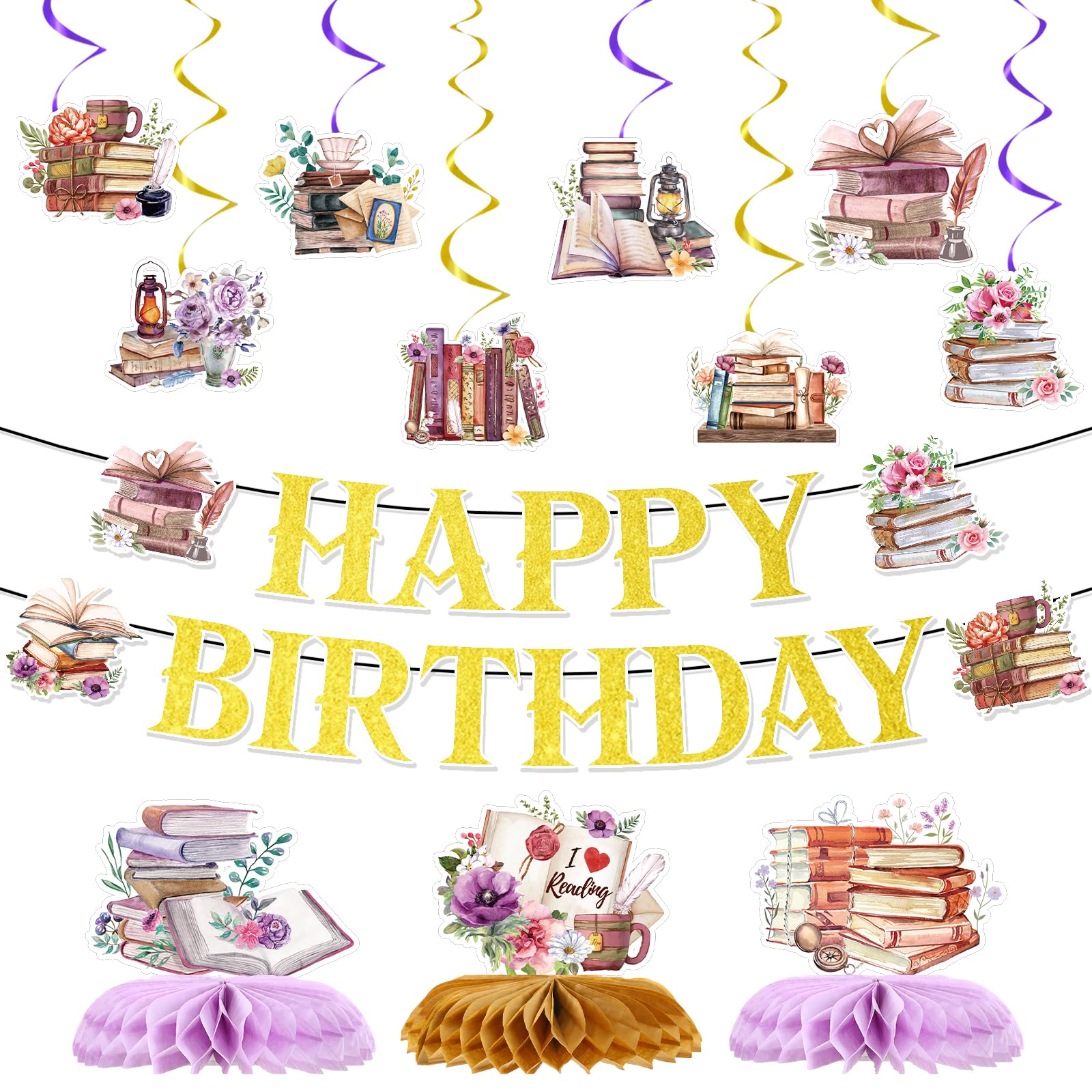 Lovarywow Book Themed Party Decorations - 13PCS Glitter Book Happy Birthday Banners Hanging Swirls Honeycomb Centerpieces, Storybook Reading Club Library Birthday Supplies for Bookworm