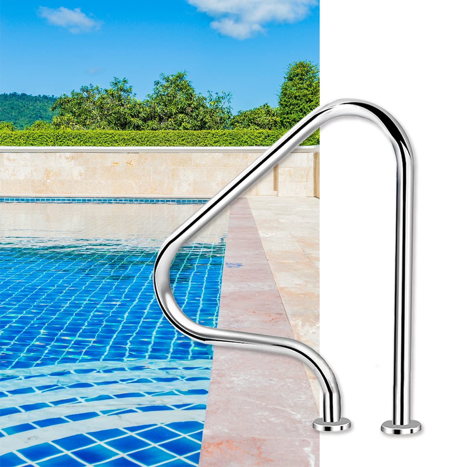 Swimming Pool Safety Hand Rail Pool Safety Handrail for Inground Swimming Pool, Stainless Steel Silver Pools Handrail Railing, 31.5 X 31.5 Inches, 350 Lbs Load Capacity with Accessories