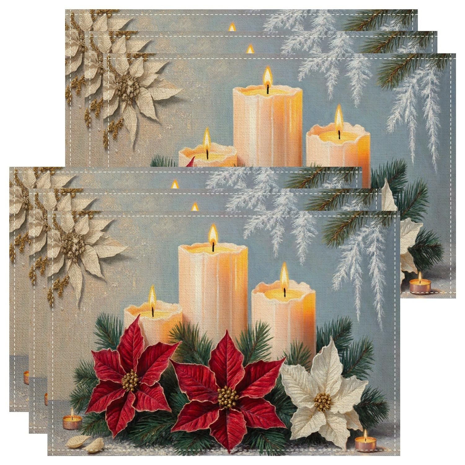 Christmas Poinsettia and Candle Placemats, Festive Floral Place mats for Dining Table, Holiday Non-Slip Washable Indoor Outdoor Decorative Placemat Set of 6