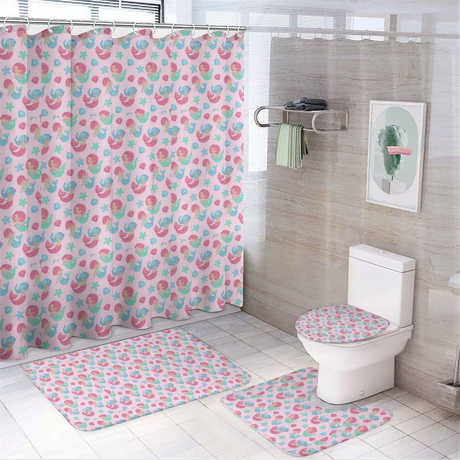 JZemdybill Bathroom Mat Set 4 Piece, Beautiful Mermaid Pattern Shower Curtain with Non-Slip Bath Mats for Bathroom