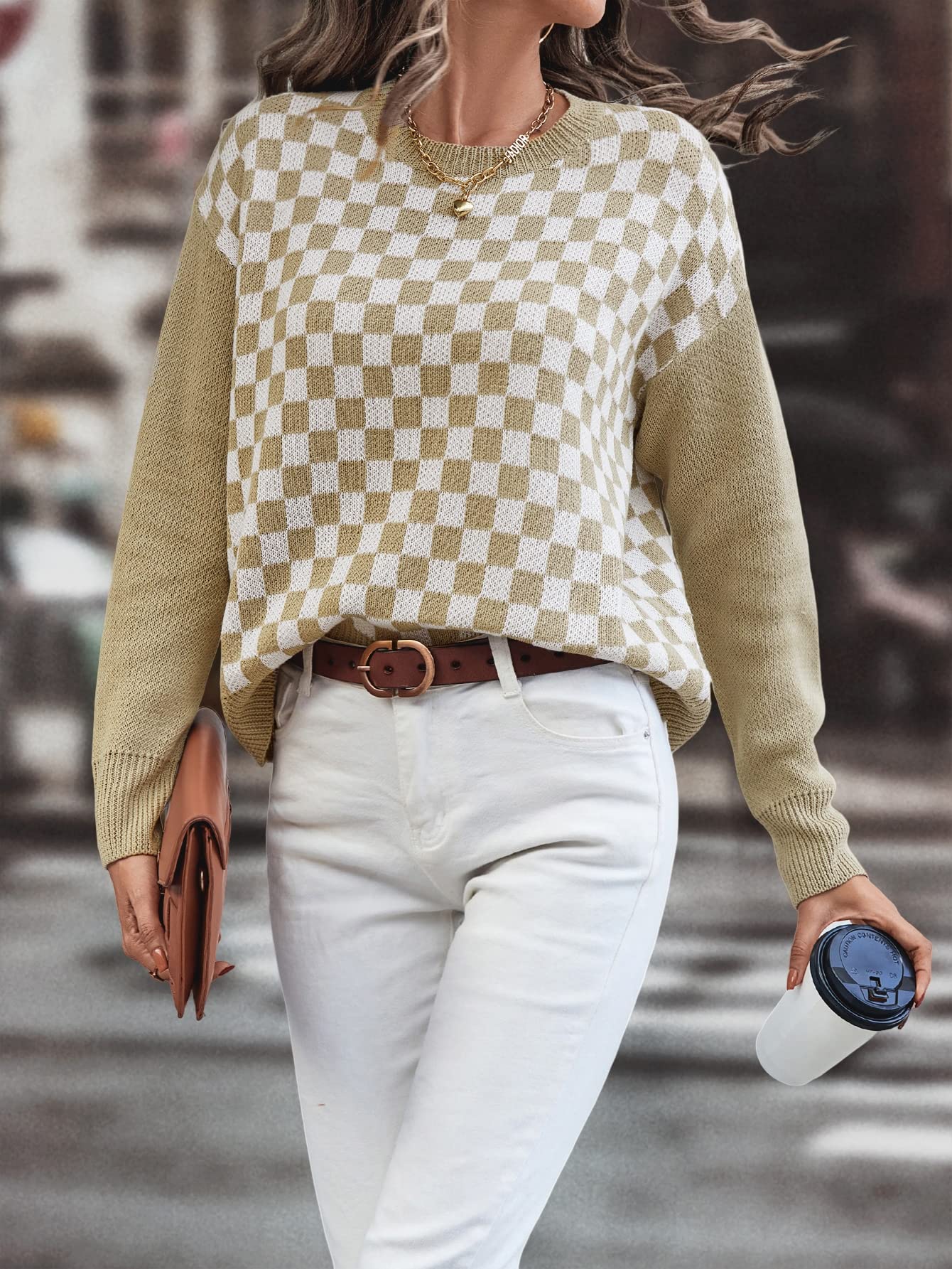 GSFABGSFAB Women's Sweaters Checker Pattern Drop Shoulder Sweater Winter Sweaters for Women (Color : Multicolor, Size : Small)