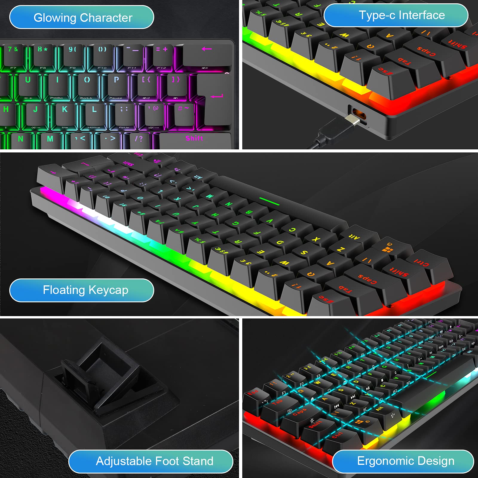 Tastiera meccanica da gioco con layout britannico RGB 14 effetti di retroilluminazione, mini 62 tasti cablato tipo C + mouse leggero RGB 6400DPI a nido d'ape + tappetino per mouse