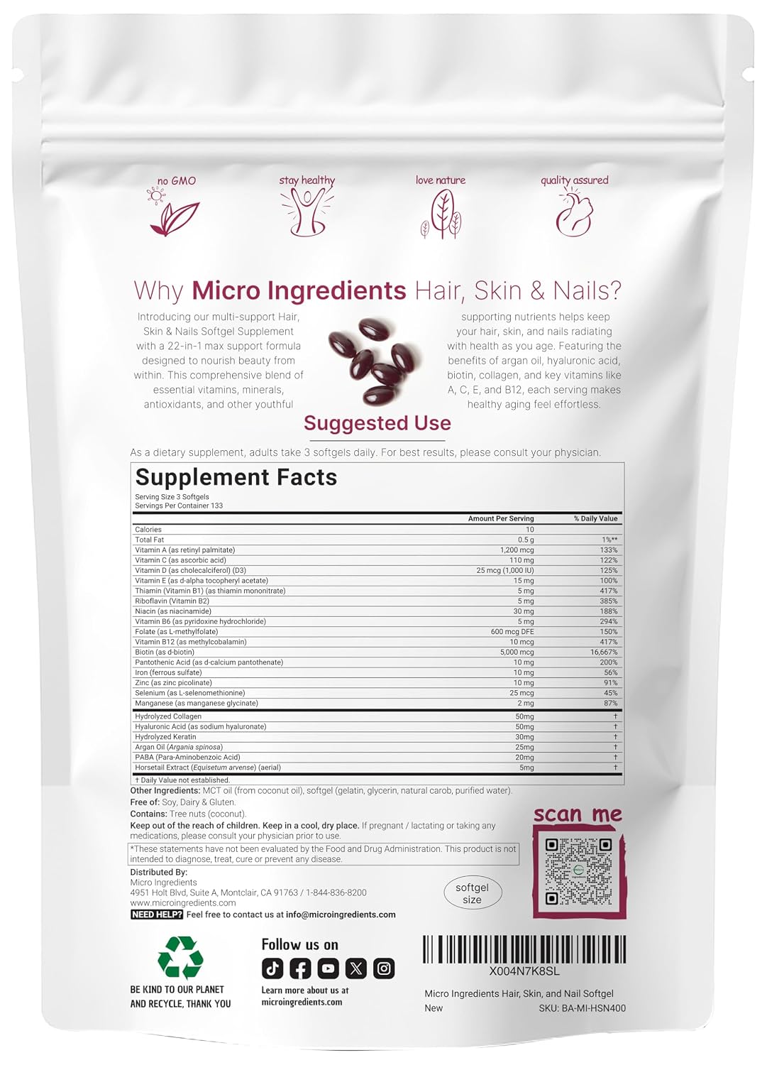 Micro Ingredients Hair Skin and Nails Vitamins for Women & Men | 400 Softgels with MCT Oil | 22-in-1 Argan Oil, Hyaluronic Acid, Collagen, Keratin & Biotin Complex | Natural... - Image 2
