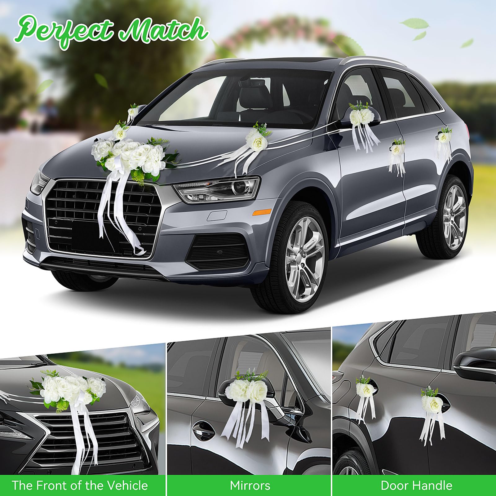 Lot Décorations Voiture Mariage Fleurs - Grand Nœud Floral Pour Cérémonie Romantique