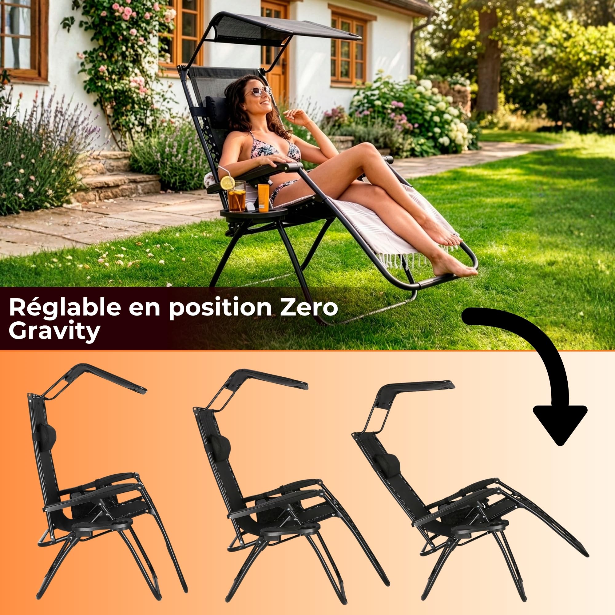 SPRINGOS Chaise Longue avec Pare- Soleil Chaise de Plage avec accoudoirs 62 x 110 cm