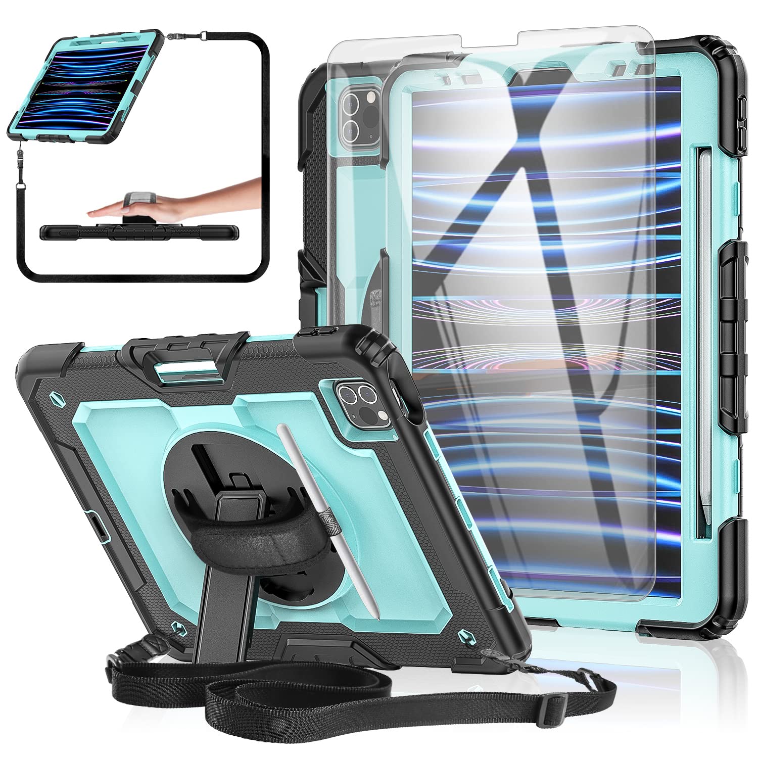 BASE MALL iPad Pro 11-inch Case 2021/2020/2018 with Tempered Glass Screen Protector, [Support Apple Pencil Charging] Full-body Protective Case, Rotating Kickstand, Hand/Shoulder Strap, (Skyblue+Black)