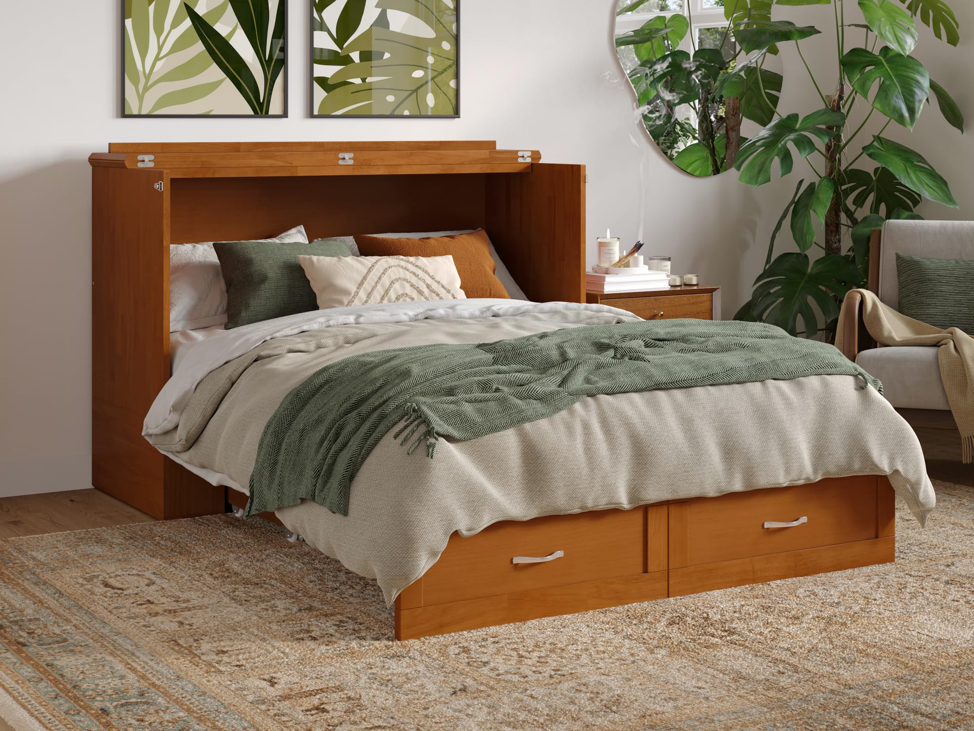 AFI Hamilton Full Murphy Bed Chest with Mattress, Storage, and Built-in Charger in Light Toffee (Box 1 of 2 Only)