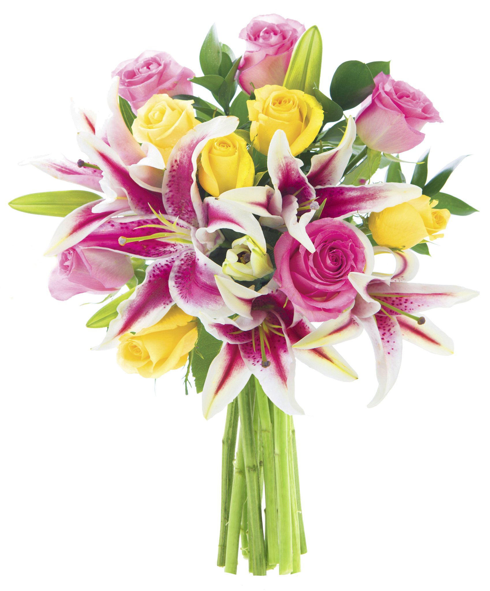 KaBloom-Roses&amp;Pink Lily,Greens Bouquet, Flowers for Valentine, Mother' Day