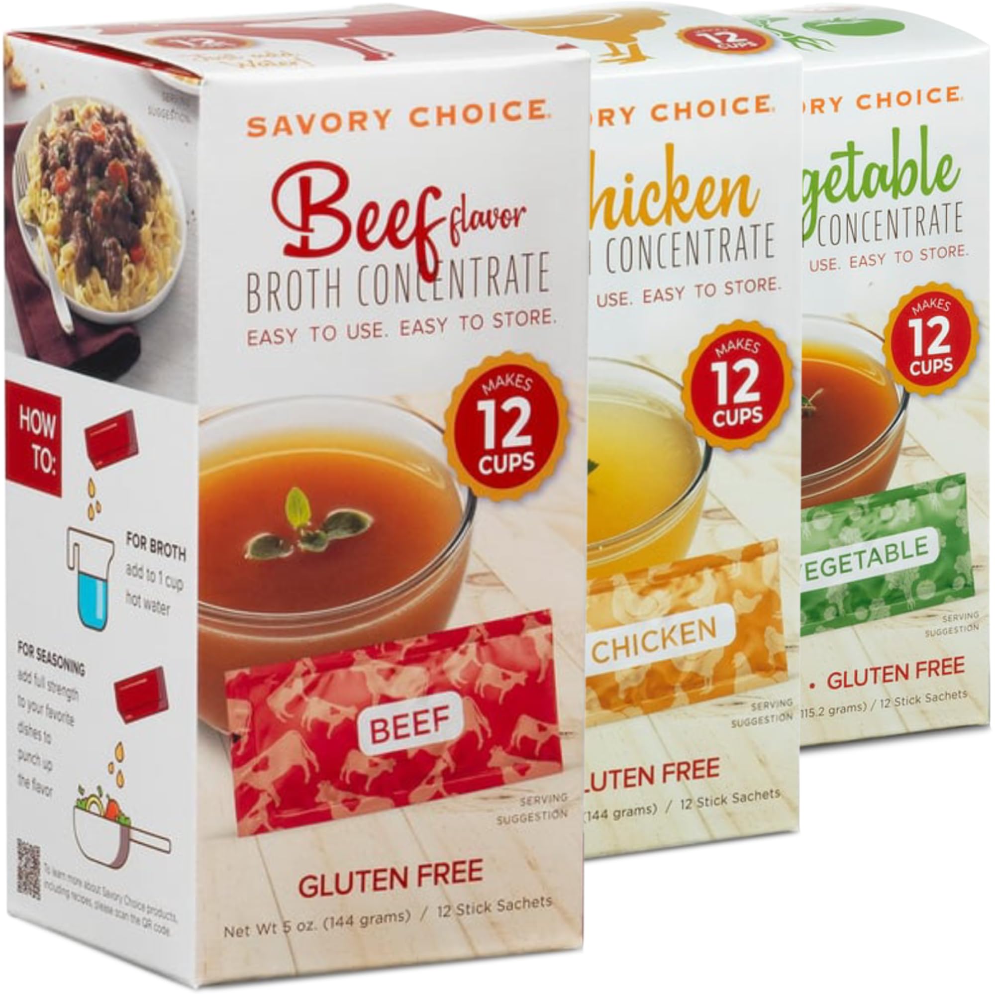 Beef, Chicken and Vegetable Broth Concentrate, 3 Boxes of 12 Packets/Flavour (12g, 12g, 9.6g) - Gluten-Free, Diary-Free Broth Concentrate