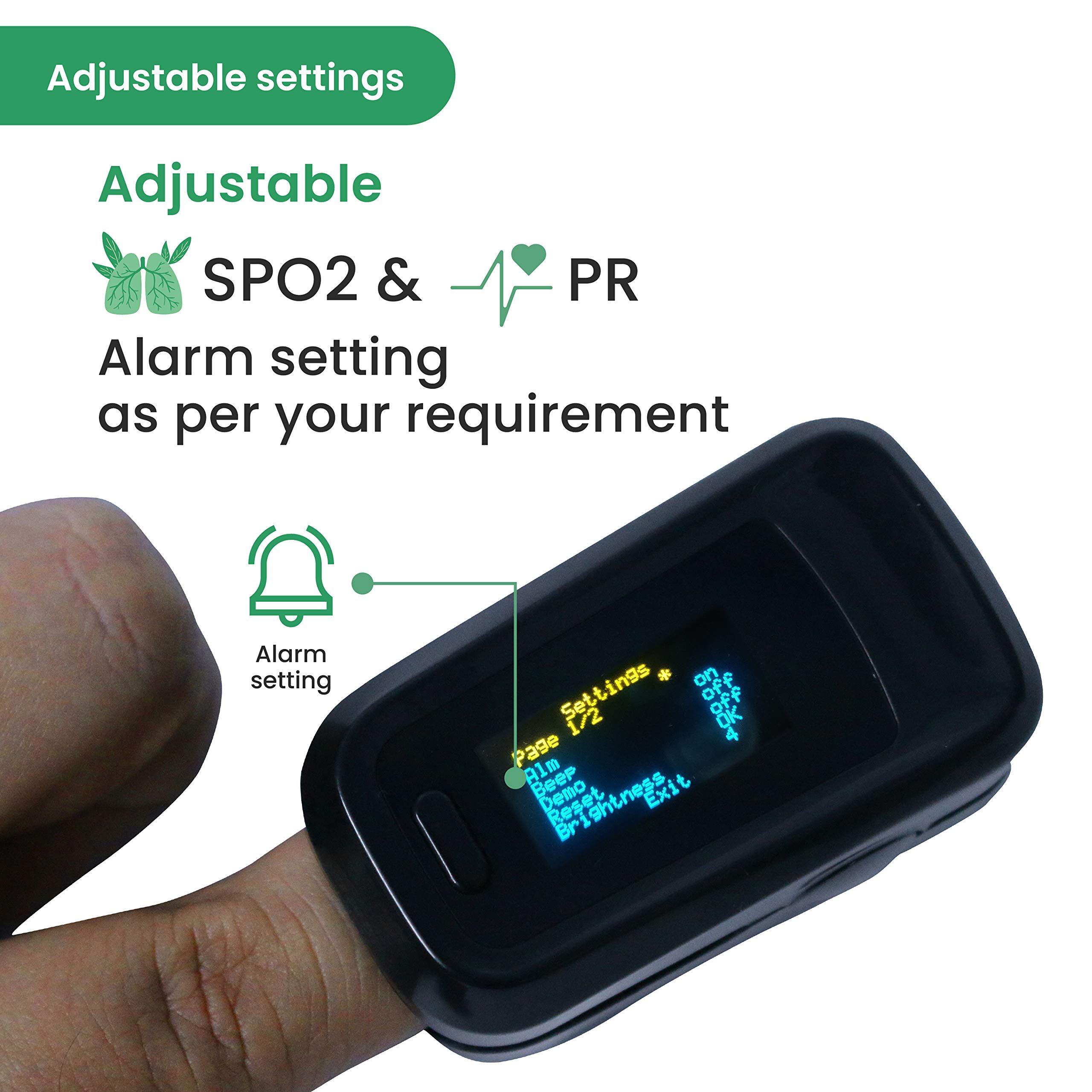 Sahyog Wellness Fingertip advanced OLED Type Pulse Oximeter measures Oxygen Saturation, Pulse Rate (SpO2), Perfusion Index & Respiratory Rate with Battery (Black) - Image 3 thumbnail