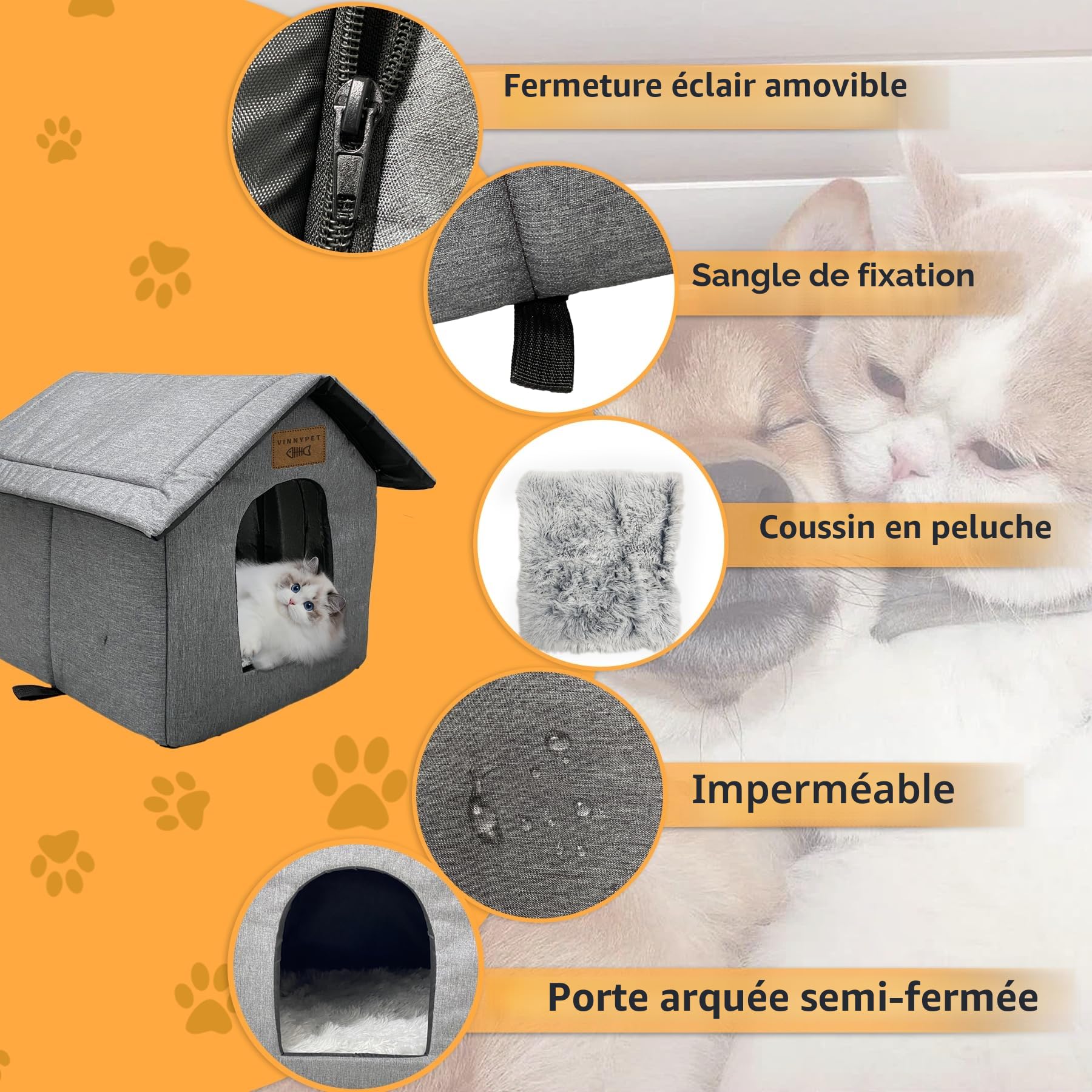 Niche d'extérieur pour Chat Maison avec Coussin en Peluche Résistante à l'hiver Imperméable Maison Pliante Portable pour Chats Sauvages pour Animaux Domestiques Errants 45x40x45cm