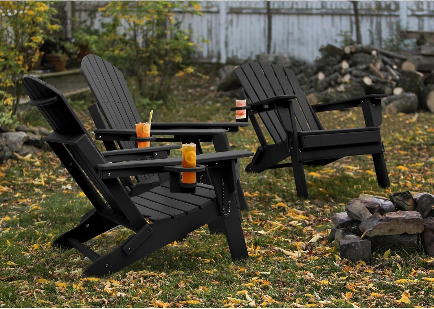 FUNBERRY Folding Adirondack Chairs Set of 4 with Adjustable Backrest, HDPE All Weather Fire Pit Chairs with Cup Holder