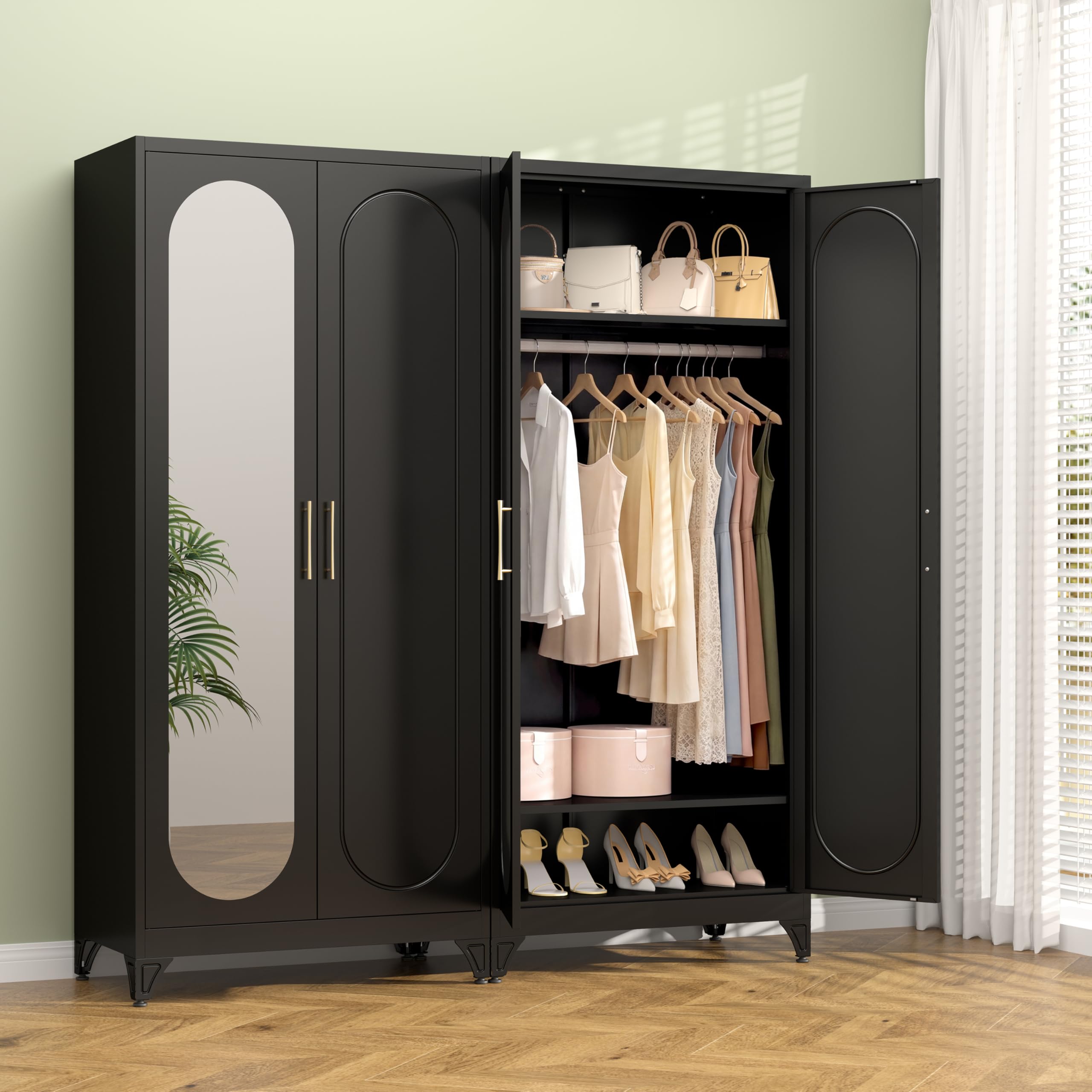 Metal Armoire Wardrobe Closet with Mirror, Clothing Storage Cabinet