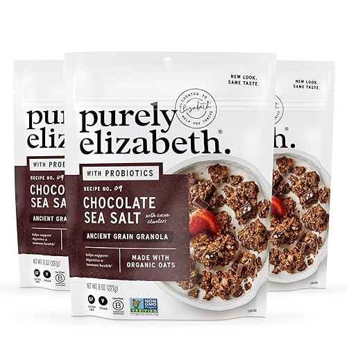 Purely Elizabeth, Sal marina de chocolate, granola probiótica de grano antiguo, vegana, sin gluten, sin OMG, 8 onzas (3 piezas)