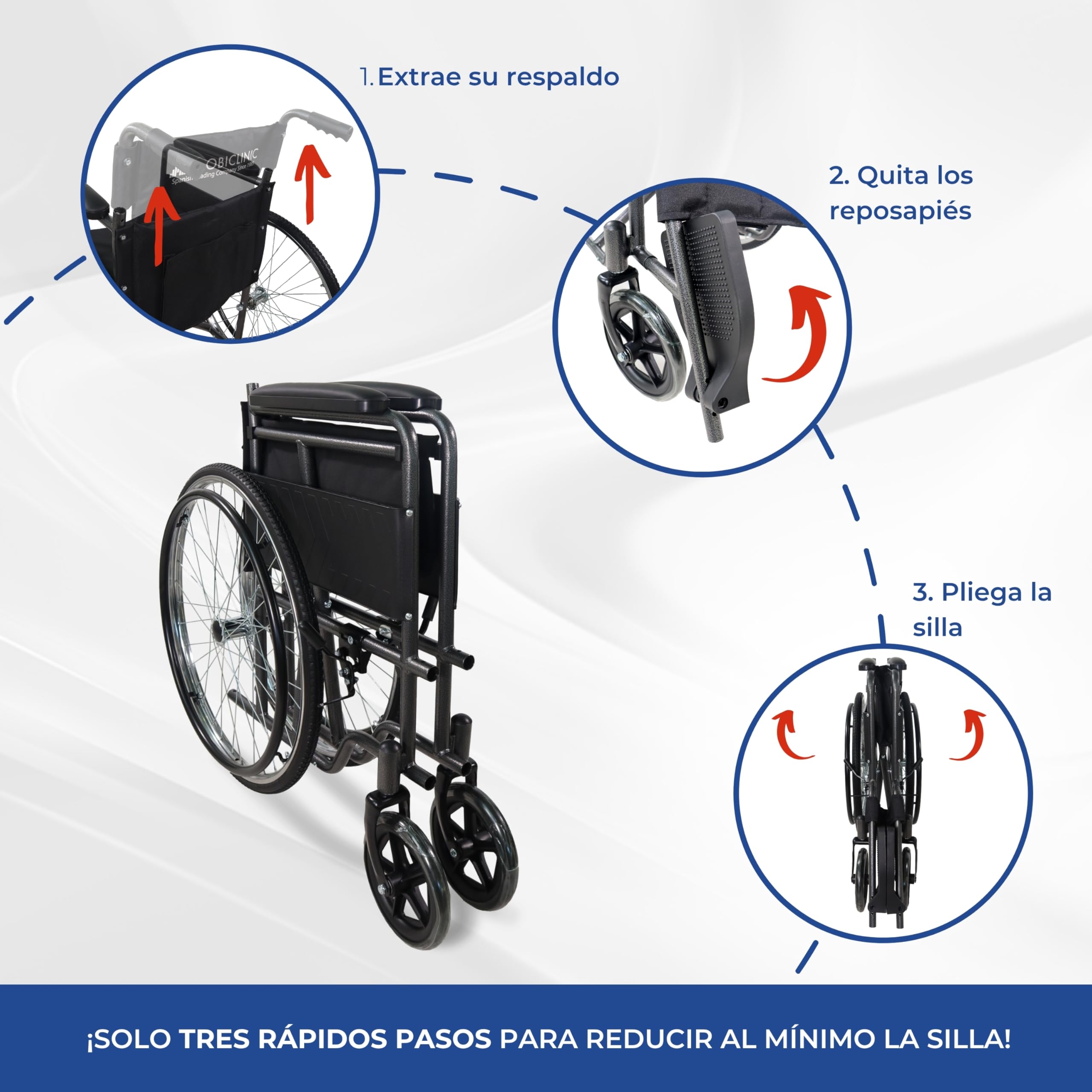 Mobiclinic®, Silla de Ruedas, Plegable, Denver, Asiento 46 cm, Freno Manual, Respaldo Desmontable, Reposapiés Abatibles, Resistente, Ligera, Acero (Gris)