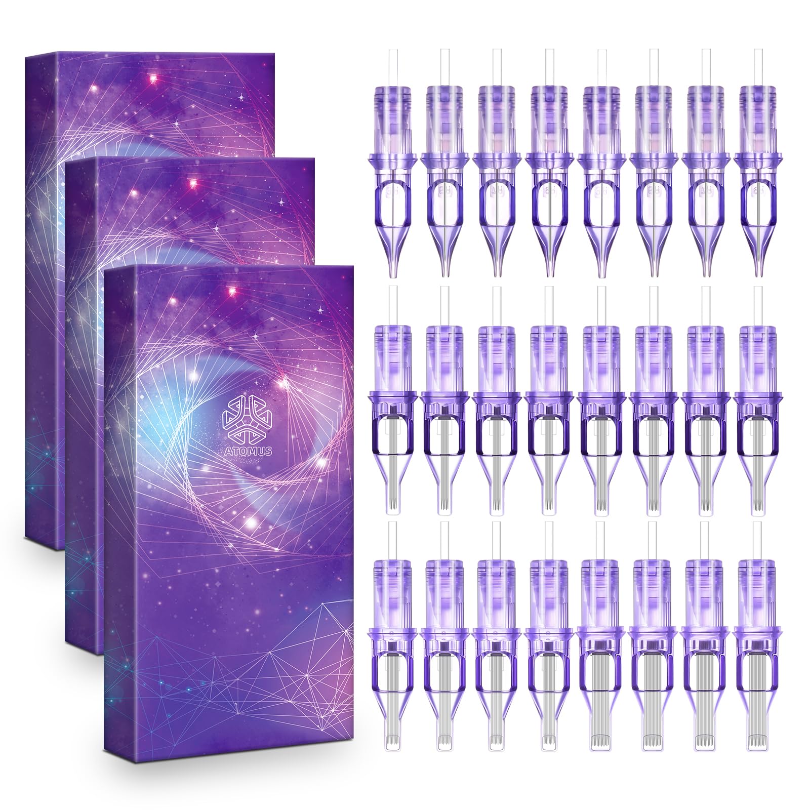 ATOMUS 50pcs Tattoo Cartridge Needles Size #10 RS RM M1 Purple Round Liner Tattoo Needles for Tattoo Gun Pen (5RS+7RS+9RS+7M1+9M1+11M1+7RM+9RM+11RM+15RM)