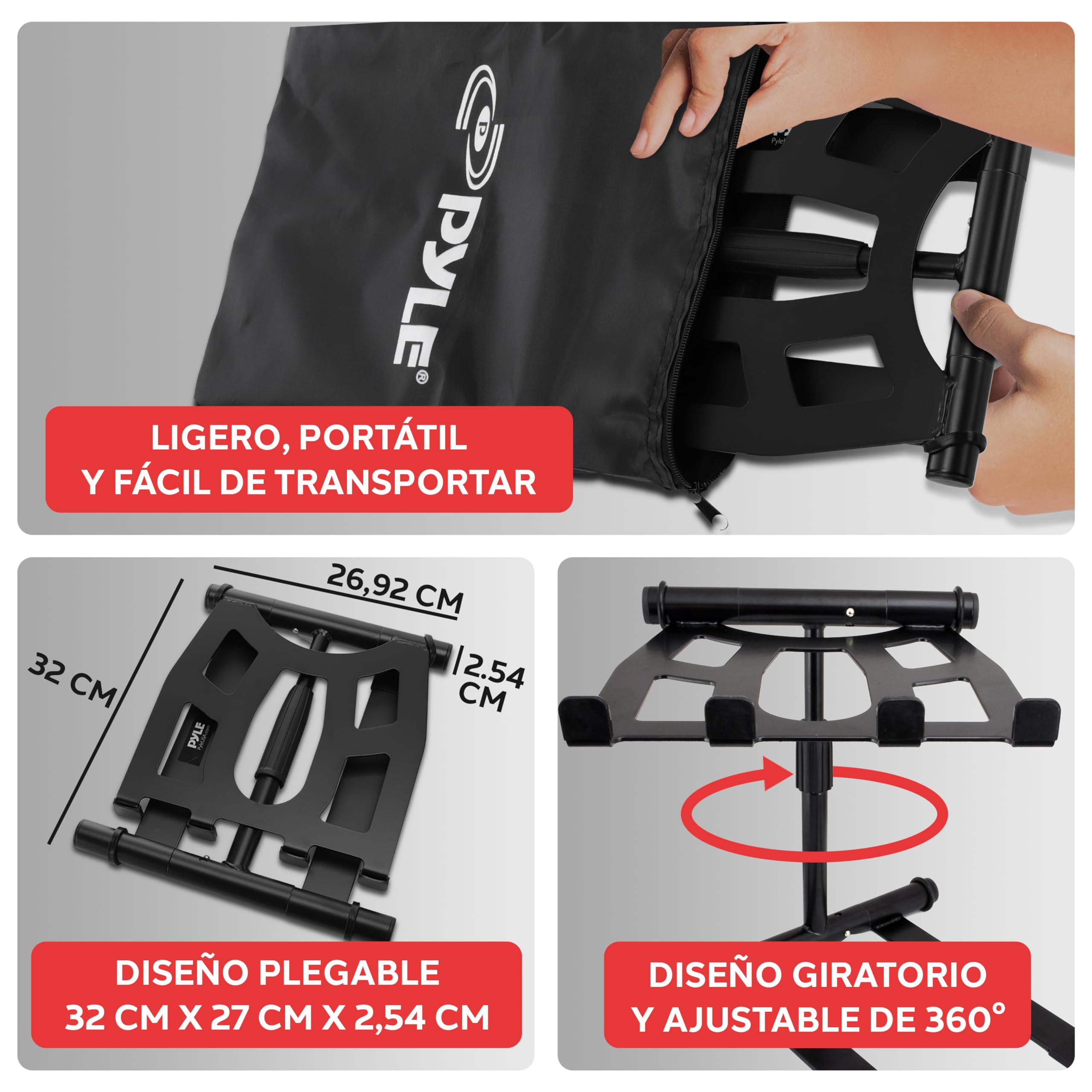 Pyle soporte ordenador portatil, Alzador, Angulo ajustable, Altura plegable, Bandeja antideslizante, Ideal para computadora, Laptop, Equipos de DJ, Tocadiscos, Uso en el hogar u oficina